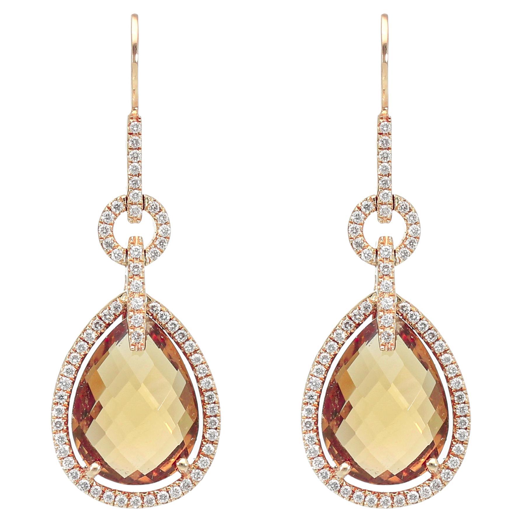 Orecchini Pendenti con n° 124 Diamanti e Topazio Giallo. Oro 18Kt. Hergestellt in Italien im Angebot