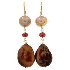Pendant Earrings with Freshwater Pearls and Rubies in Rose Gold 