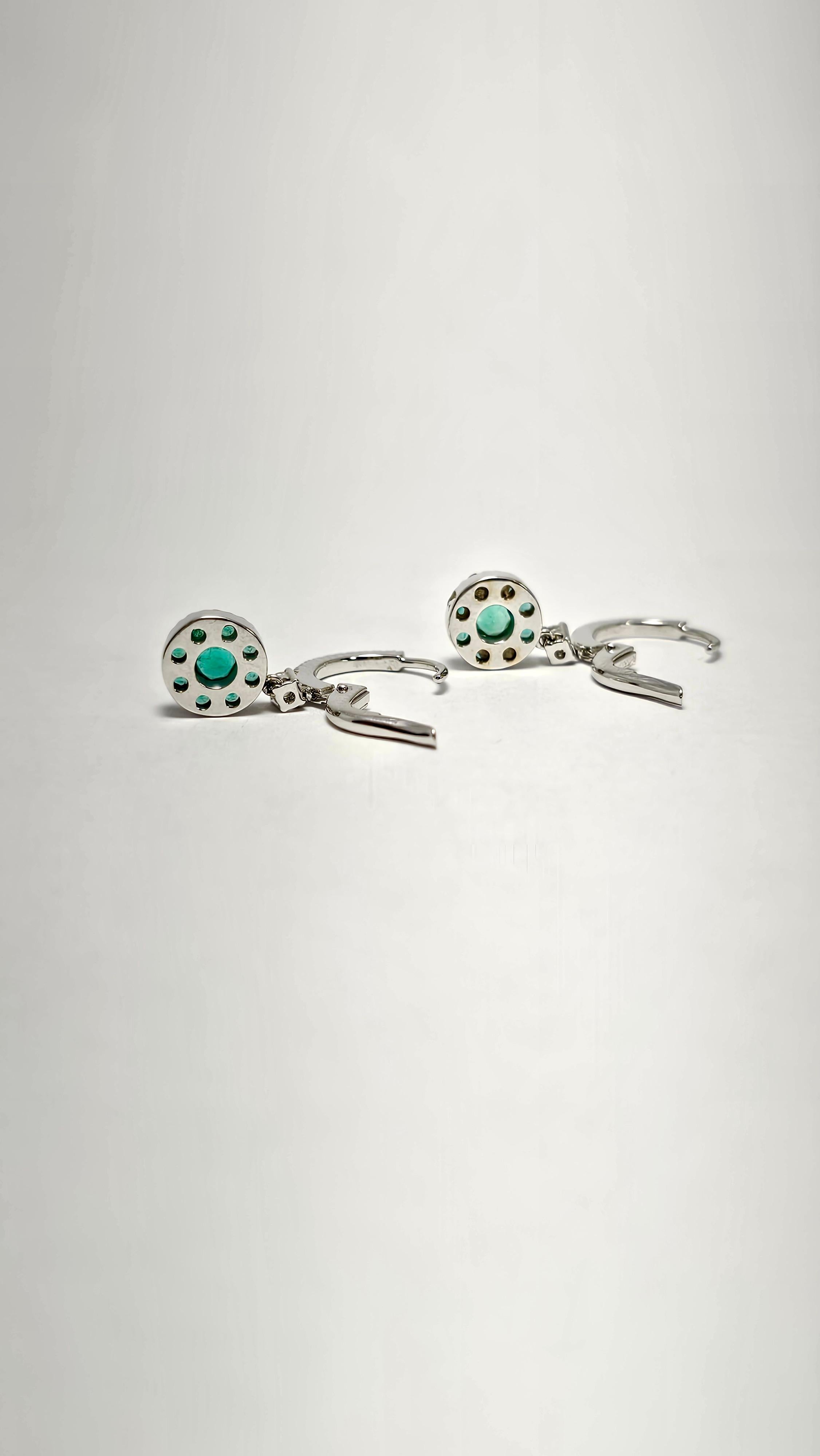 Brilliant Cut Pendant Earrings with Emeralds and Diamonds in White Gold For Sale