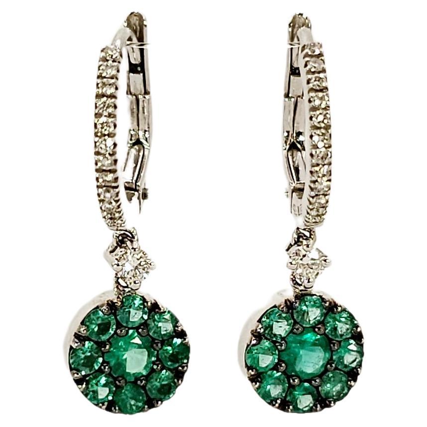 Pendant Earrings with Emeralds and Diamonds in White Gold For Sale