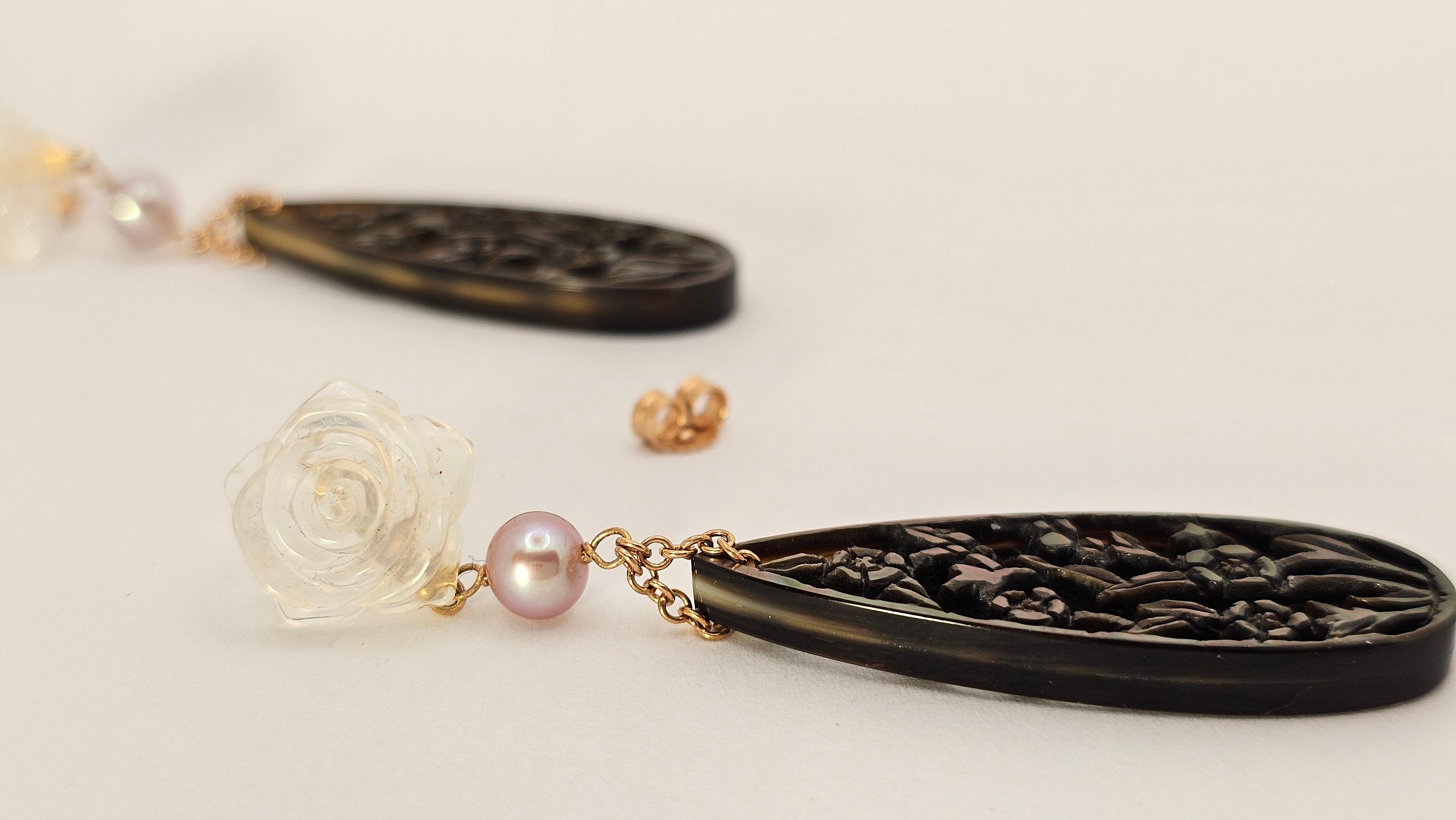 Contemporary Dark Mother of Pearl, Quartz and Pearl Earrings in 18Kt Gold For Sale