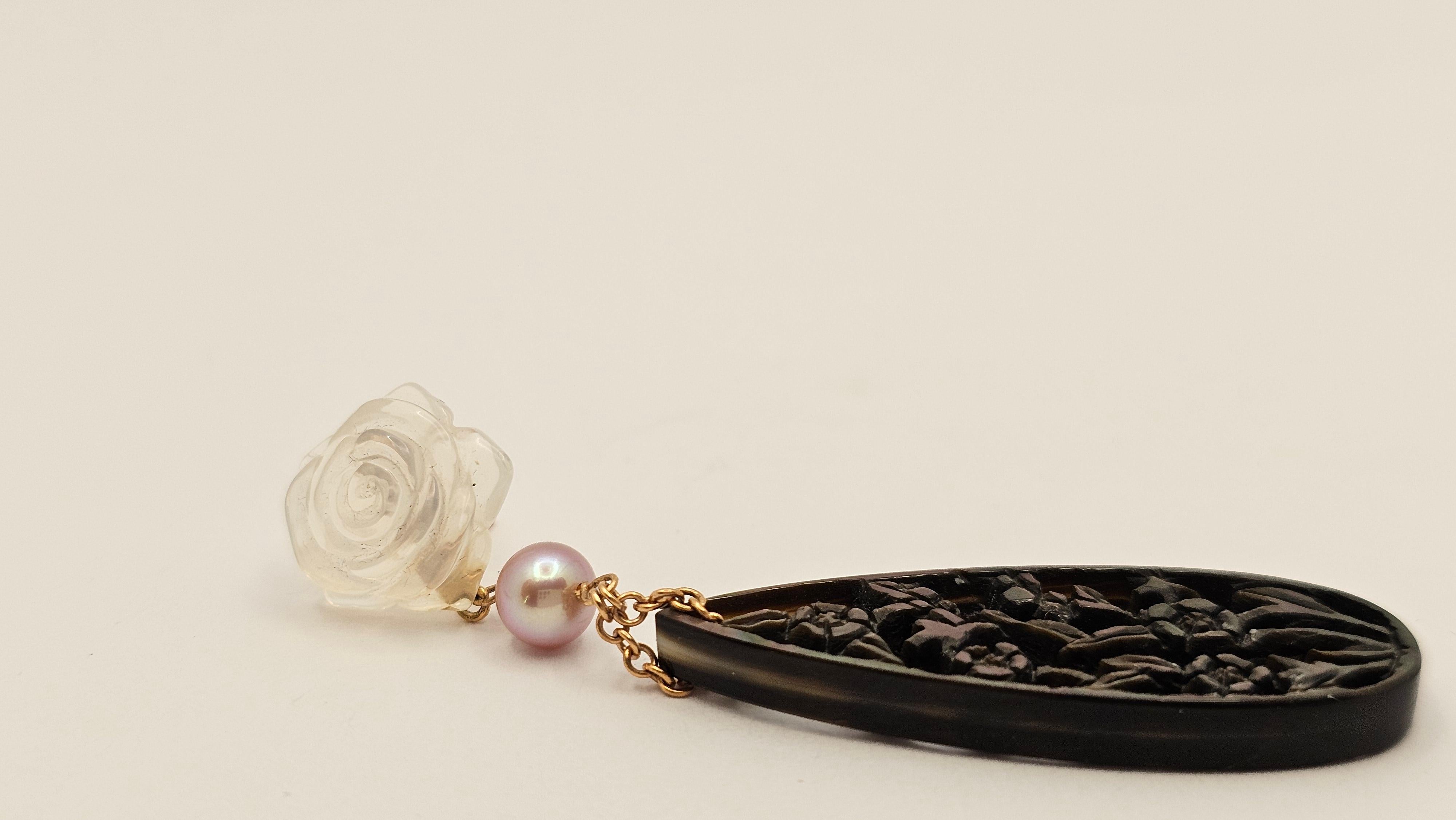 Mixed Cut Dark Mother of Pearl, Quartz and Pearl Earrings in 18Kt Gold