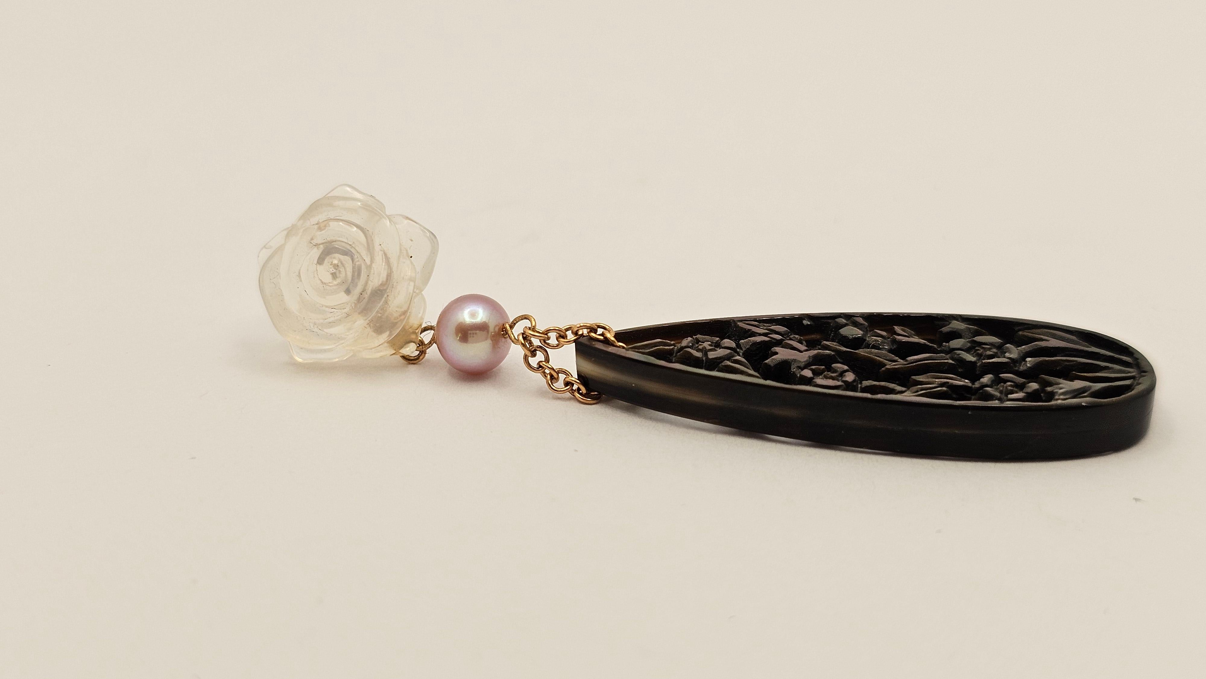 Dark Mother of Pearl, Quartz and Pearl Earrings in 18Kt Gold In New Condition In Cattolica, IT