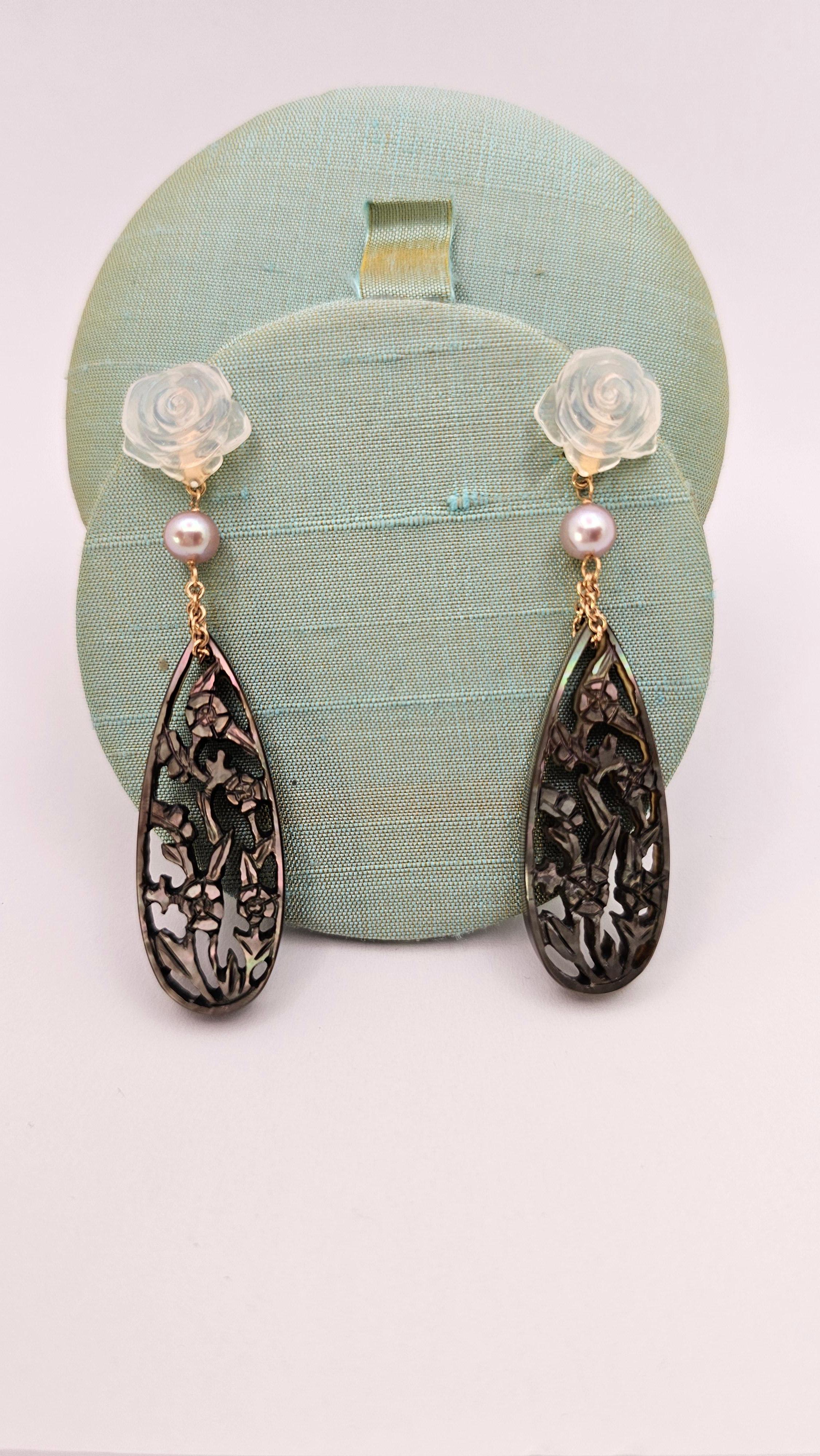 Dark Mother of Pearl, Quartz and Pearl Earrings in 18Kt Gold 2