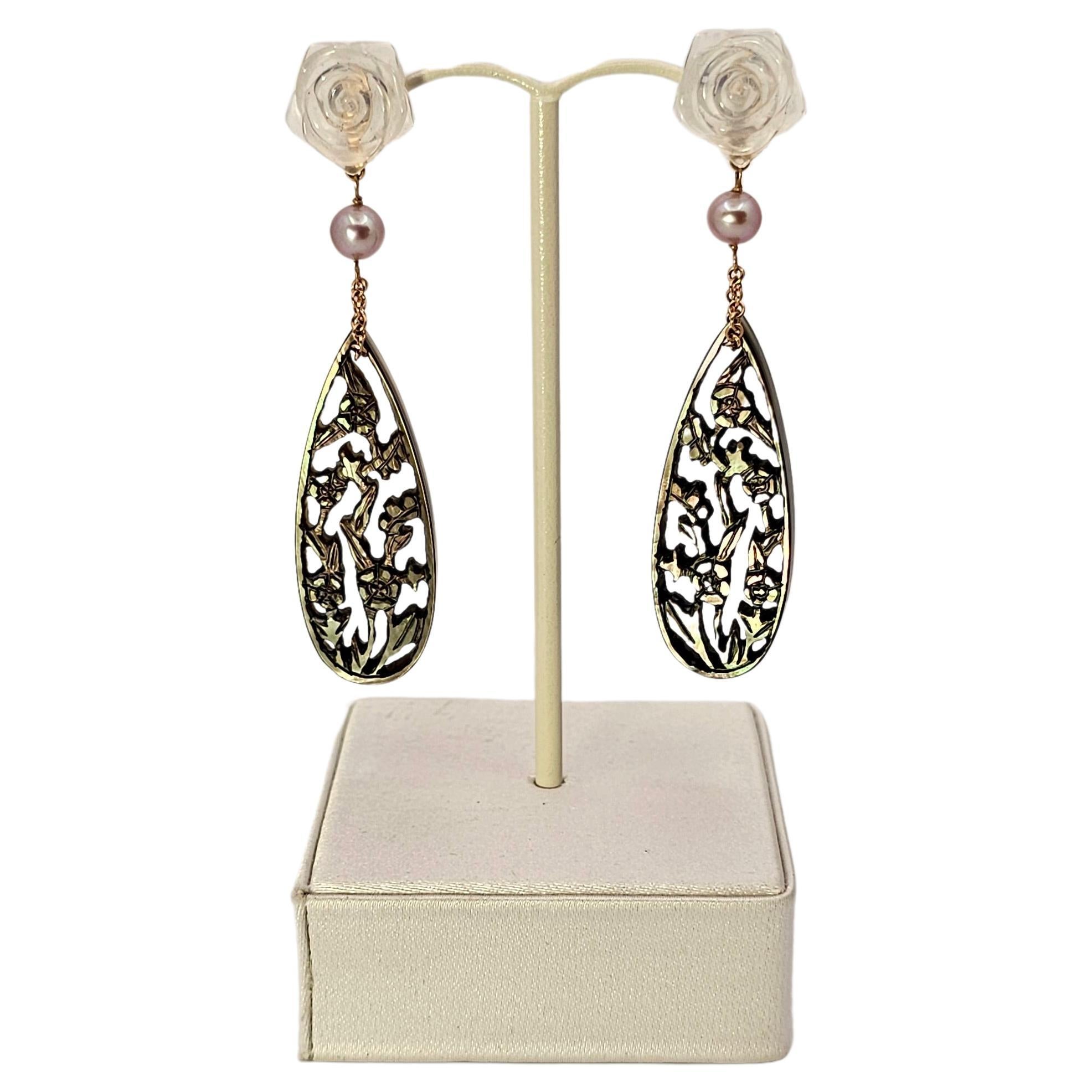 Dark Mother of Pearl, Quartz and Pearl Earrings in 18Kt Gold For Sale