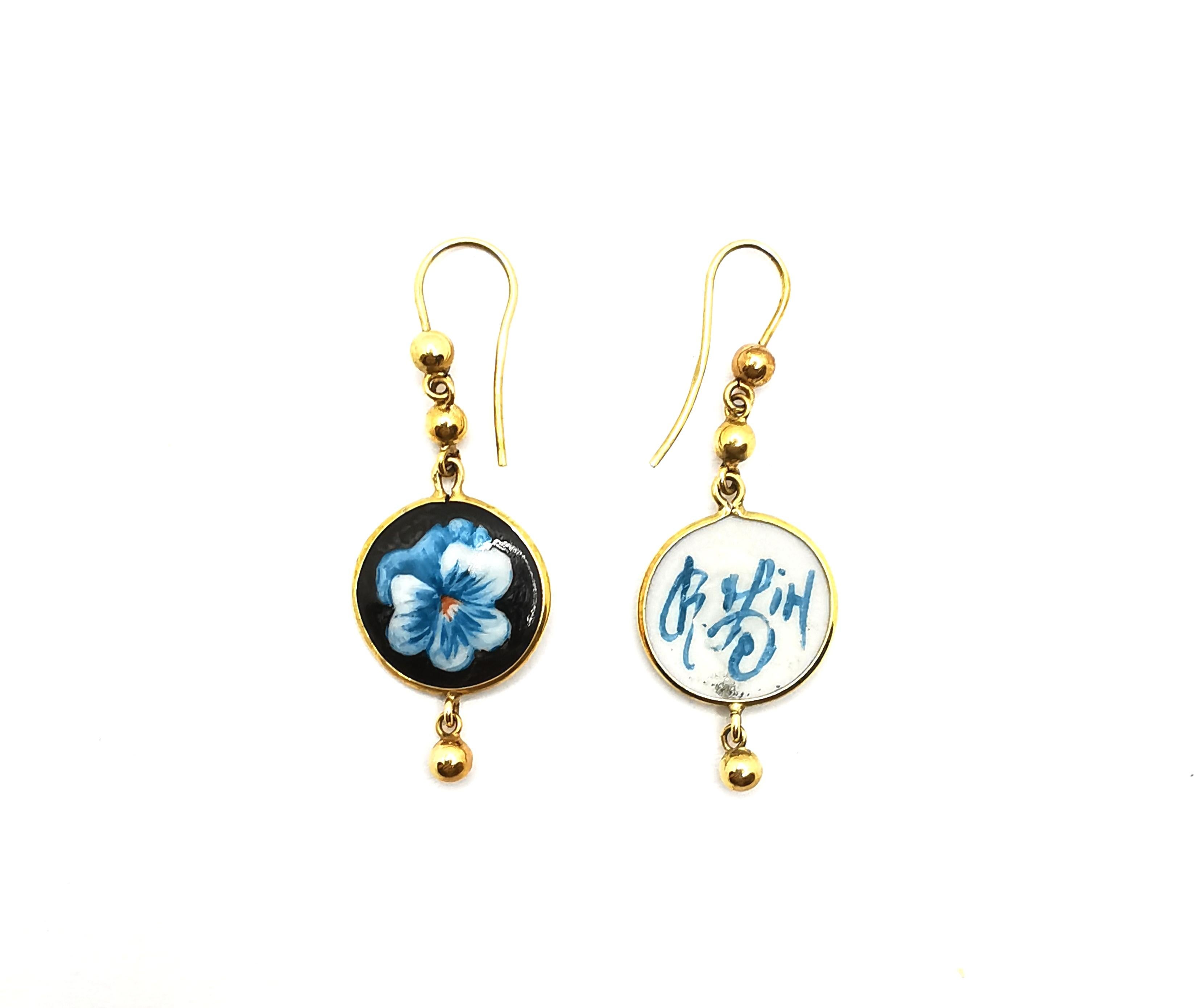 Arts and Crafts 18 Kt Gold and Porcelain Pendant Earrings For Sale