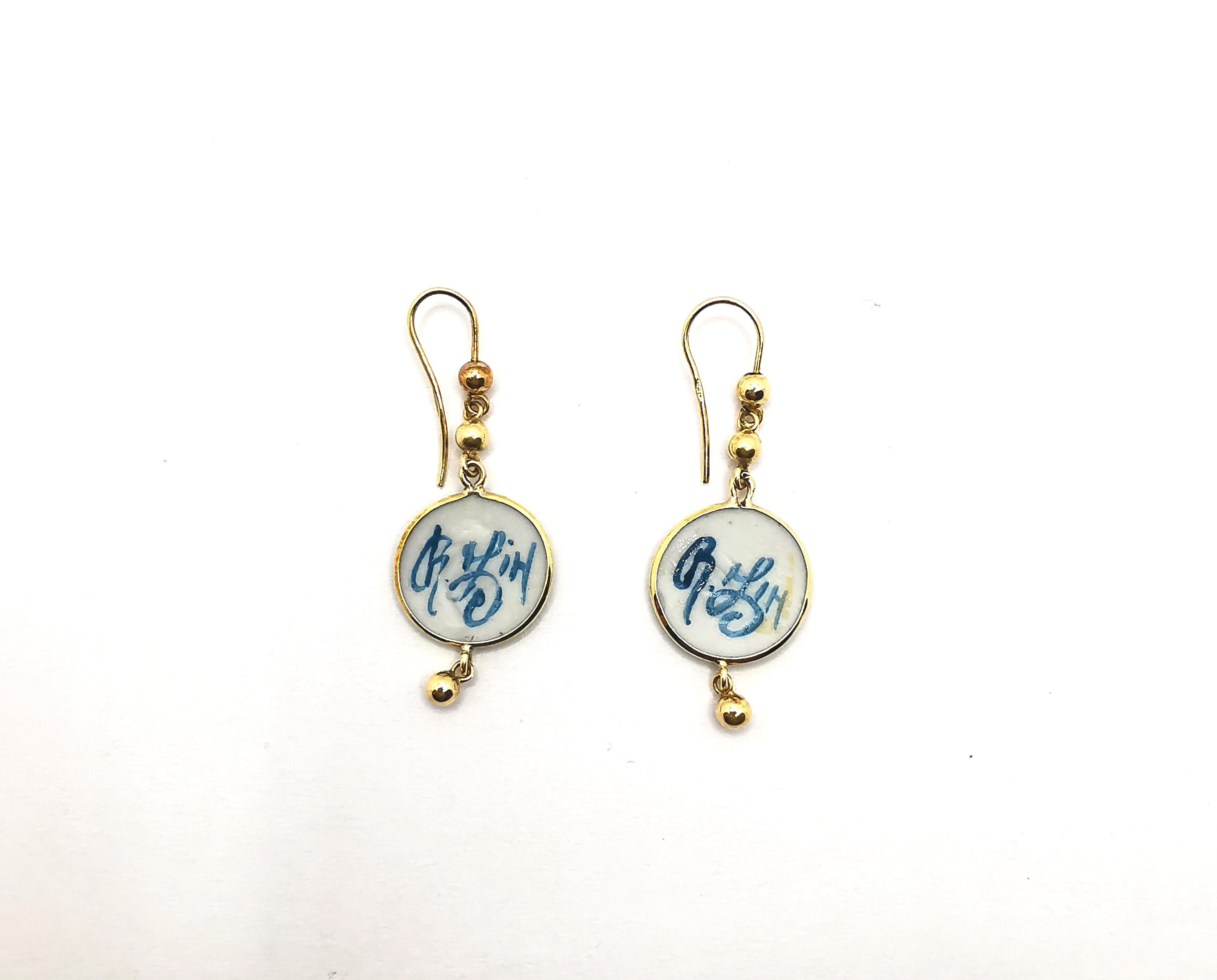 18 Kt Gold and Porcelain Pendant Earrings In New Condition For Sale In Cattolica, IT