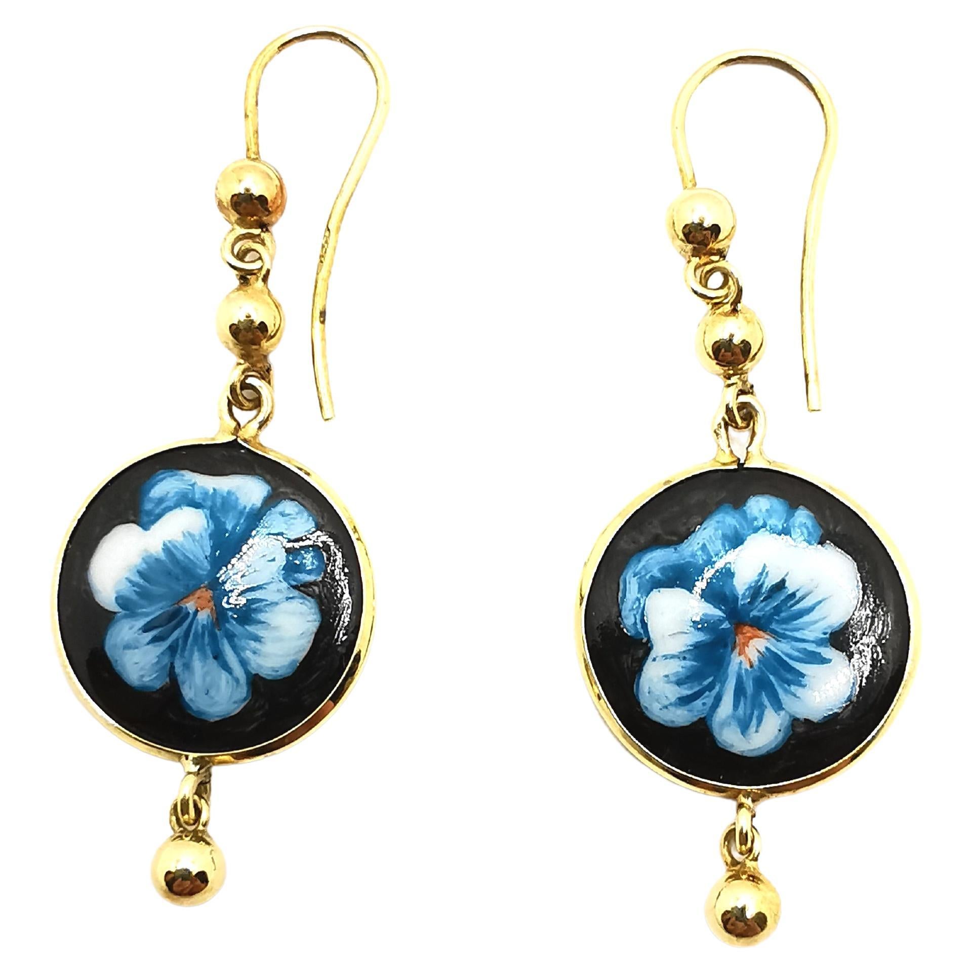 18 Kt Gold and Porcelain Pendant Earrings For Sale