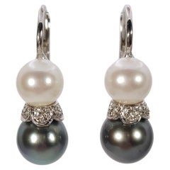 Pendientes Gota Oro 18 Kt, Dos Tonos Perlas y Diamantes