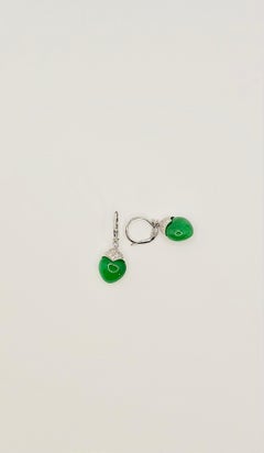 18K White Gold, Diamonds and Jade Cabochon Pendant Earrings. Handmade