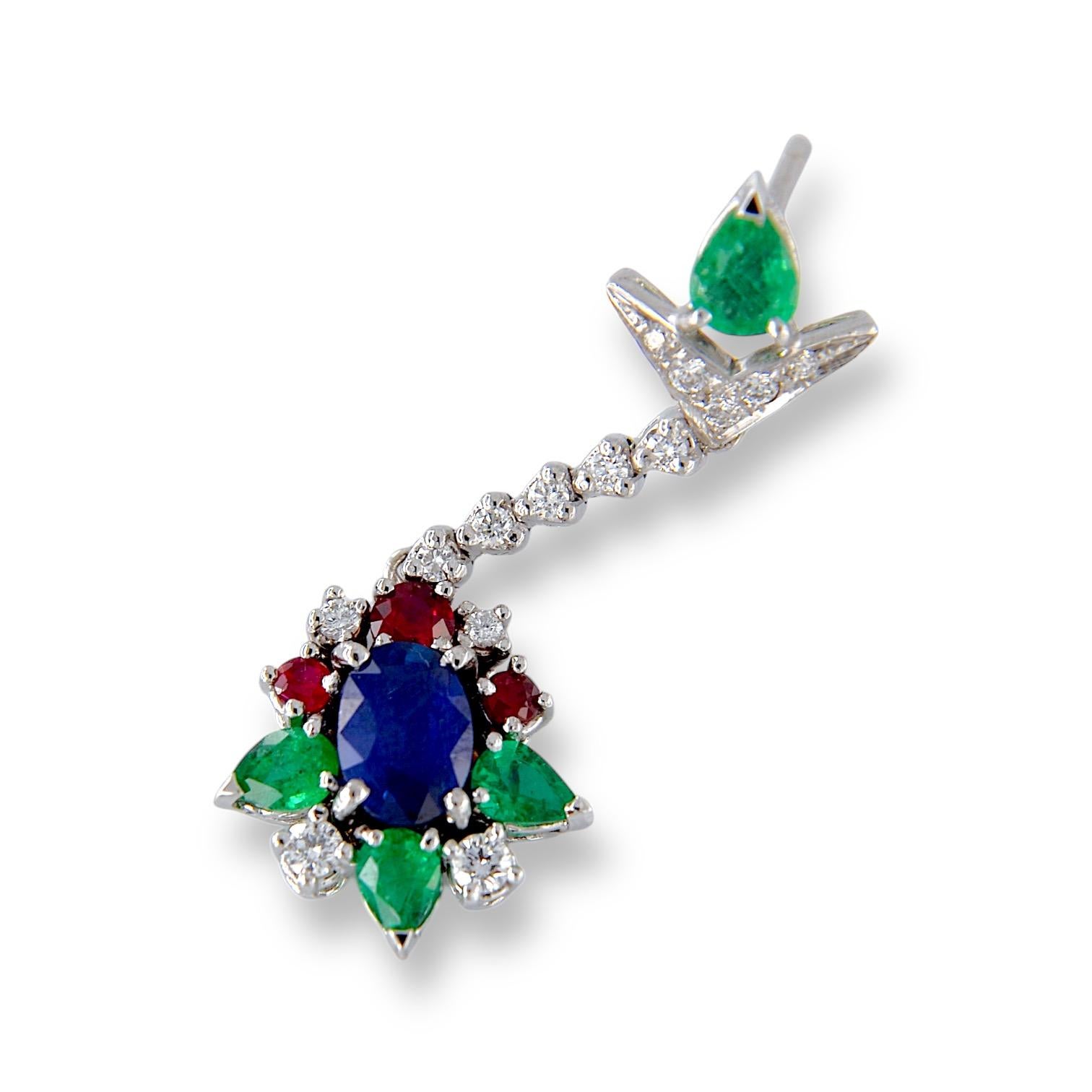 Artisan 18kt white gold pendant earrings with Emeralds, Rubies, Diamonds and Sapphires For Sale
