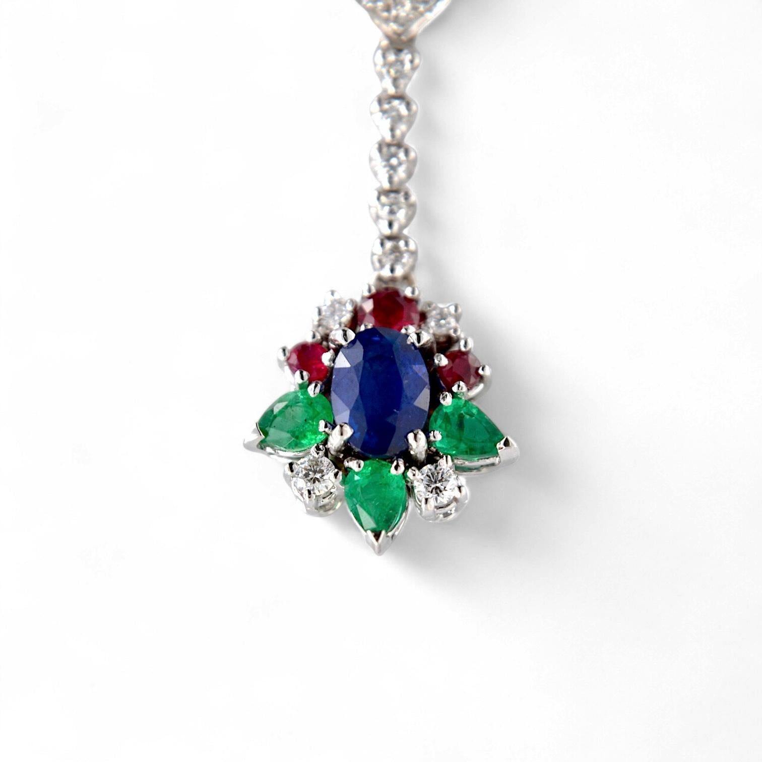 Pear Cut 18kt white gold pendant earrings with Emeralds, Rubies, Diamonds and Sapphires For Sale
