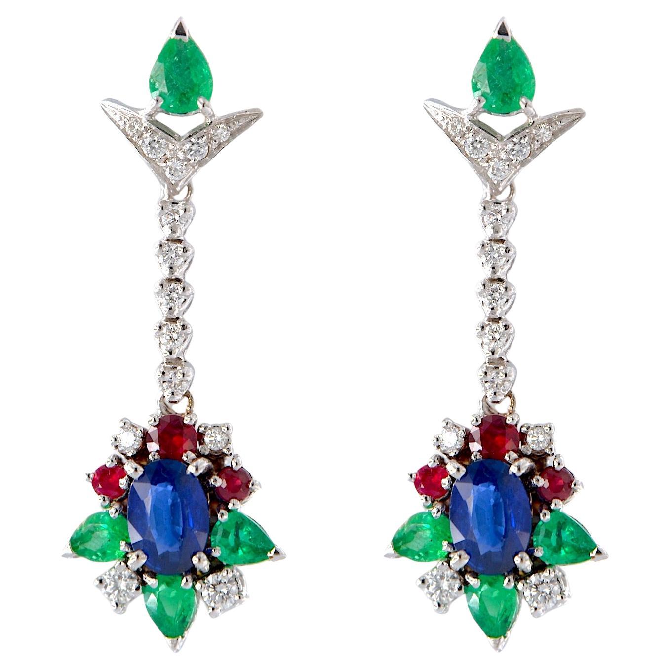 18kt white gold pendant earrings with Emeralds, Rubies, Diamonds and Sapphires