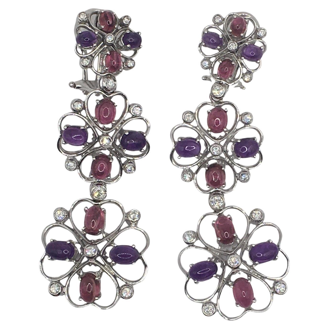 18kt White Gold Pendant Earrings with Tourmaline, Amethyst and Diamonds