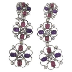 18kt White Gold Pendant Earrings with Tourmaline, Amethyst and Diamonds