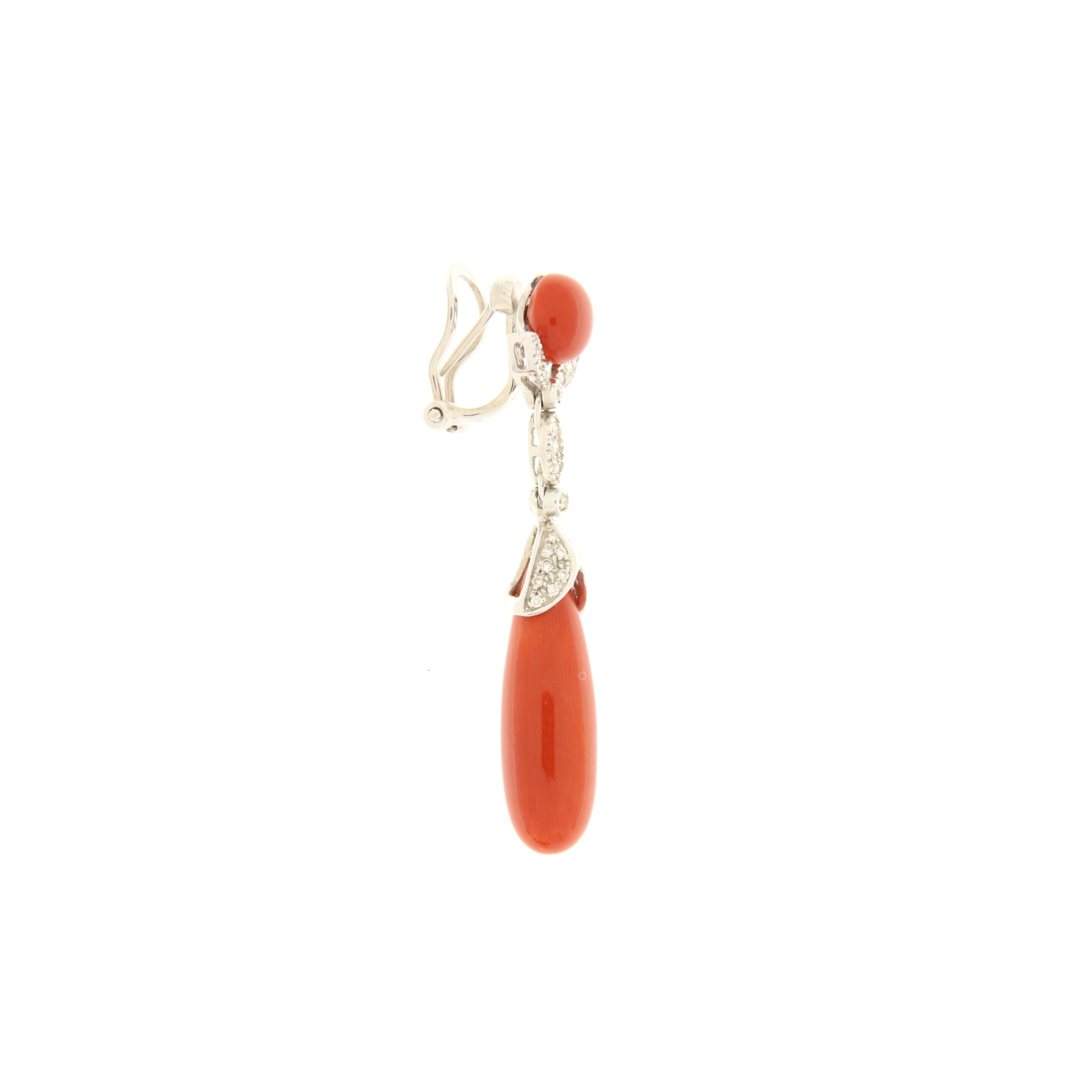 Art Deco White gold pendant earrings with brilliants and red Mediterranean corals For Sale