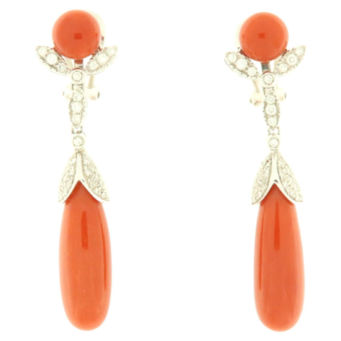 White gold pendant earrings with brilliants and red Mediterranean corals For Sale