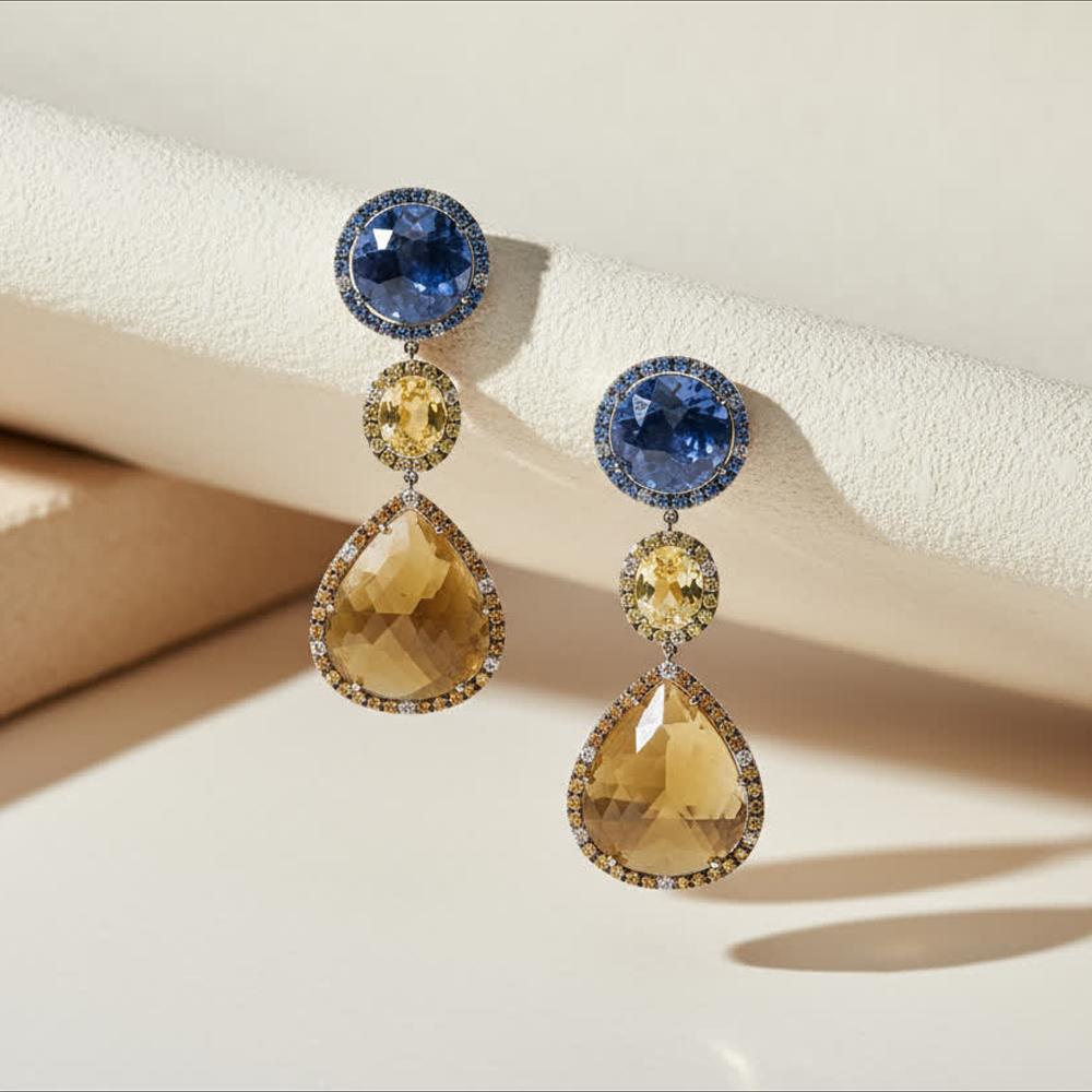 Boucles d'oreilles pendantes en or blanc 18 carats g 7.20, comprenant trois racines de saphir bleu, jaune et brun par boucle d'oreille. Chaque racine est entourée de saphirs bleus, jaunes et orange et de diamants taille brillant, de couleur G et de