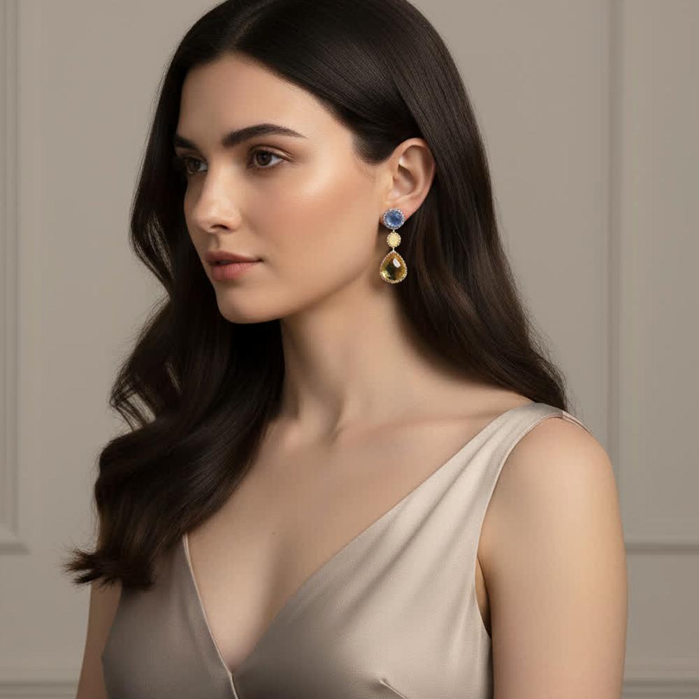 Pendants d'oreilles en or blanc avec diamants, saphirs et racines Neuf - En vente à Valenza, IT