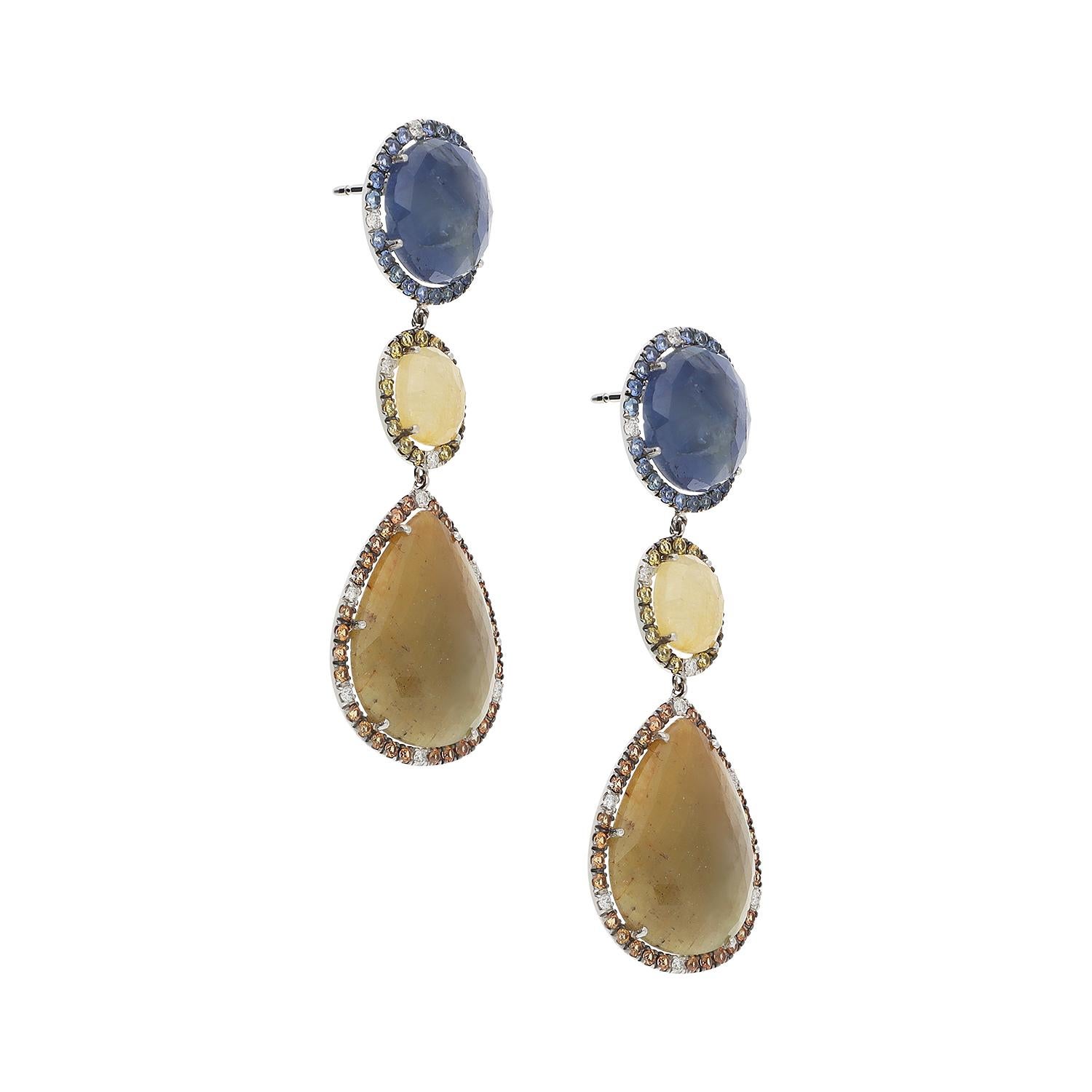 Pendants d'oreilles en or blanc avec diamants, saphirs et racines en vente 1