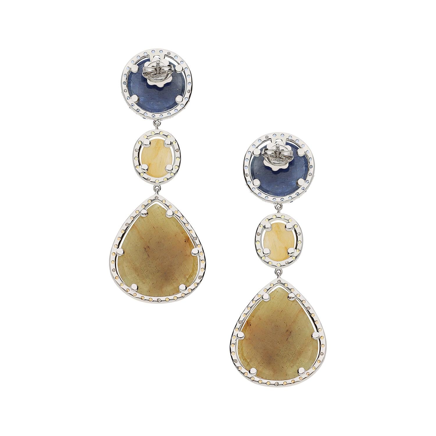 Pendants d'oreilles en or blanc avec diamants, saphirs et racines en vente 2