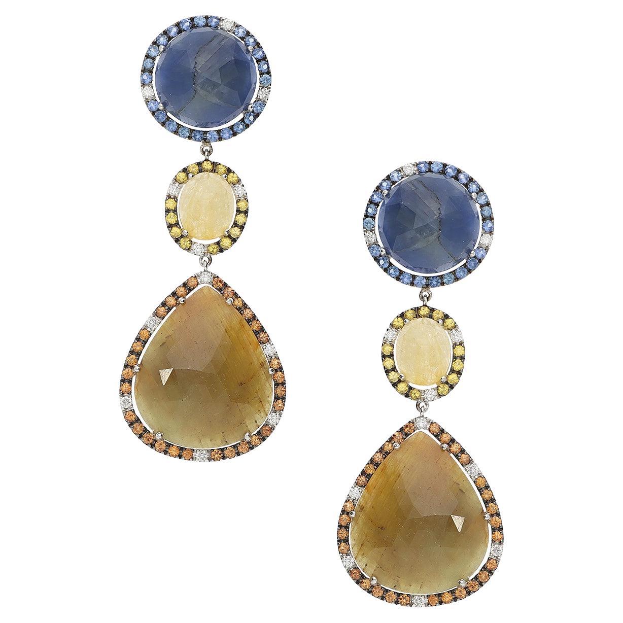 Orecchini pendenti in Oro Bianco con Diamanti, Zaffiri e Radici e Zaffiro