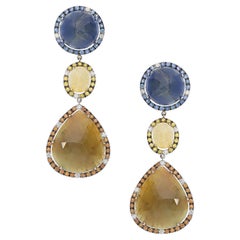 Orecchini pendenti in Oro Bianco con Diamanti, Zaffiri e Radici e Zaffiro