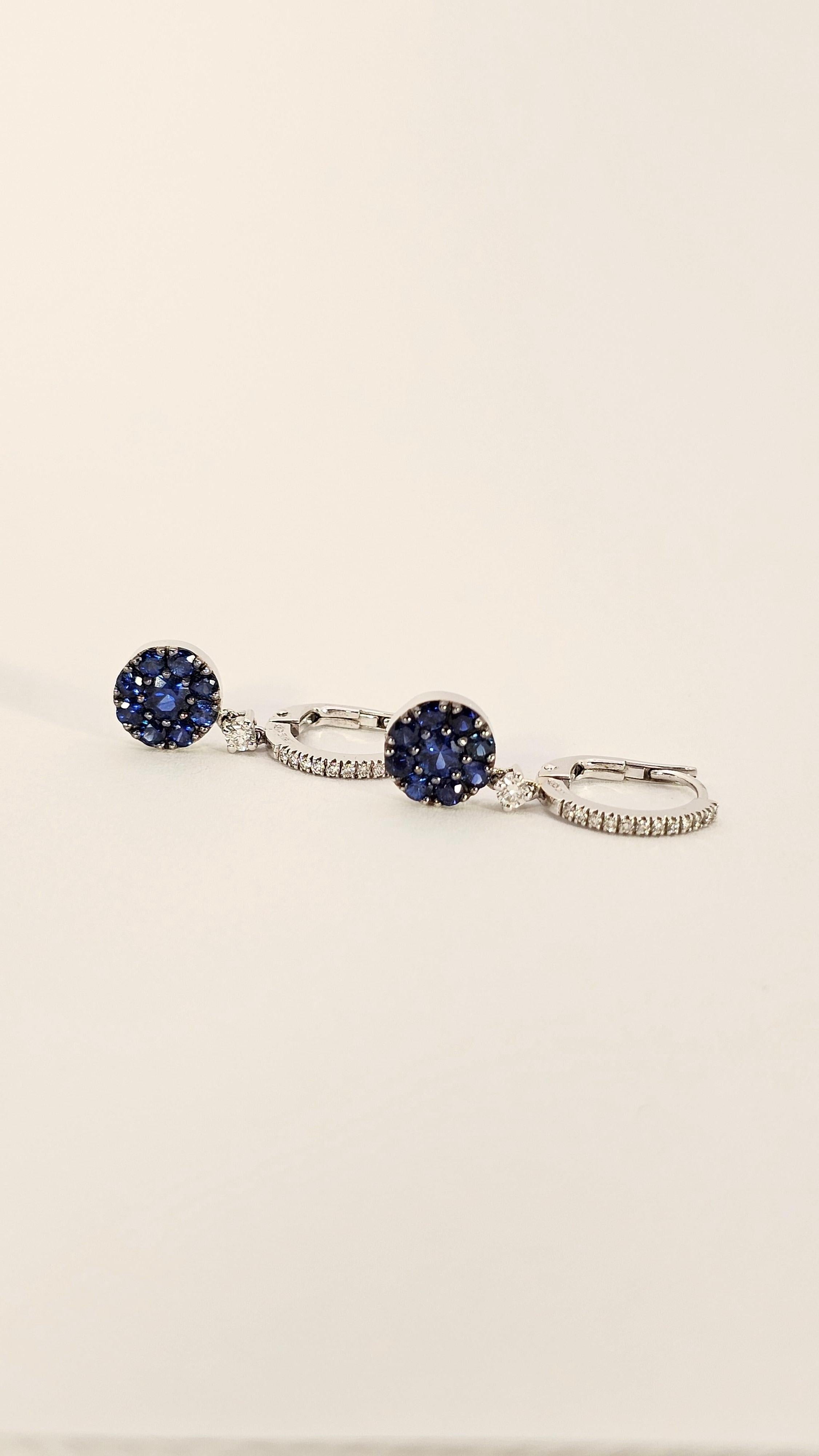 Brilliant Cut White gold pendant earrings with Blue Sapphires and Diamonds For Sale