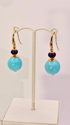 Orecchini Pendenti in Oro Giallo 18 Kt, Ametista e Turchese