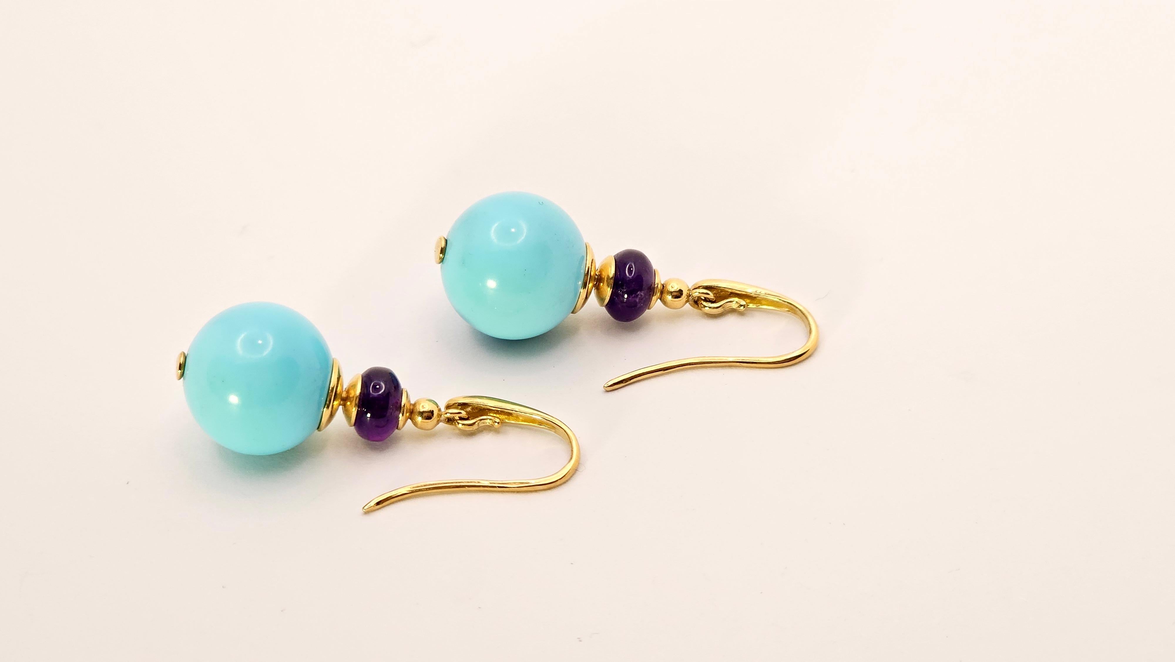 Orecchini Pendenti in Oro Giallo 18 Kt, Ametista e Turchese, Orecchini für Damen oder Herren im Angebot