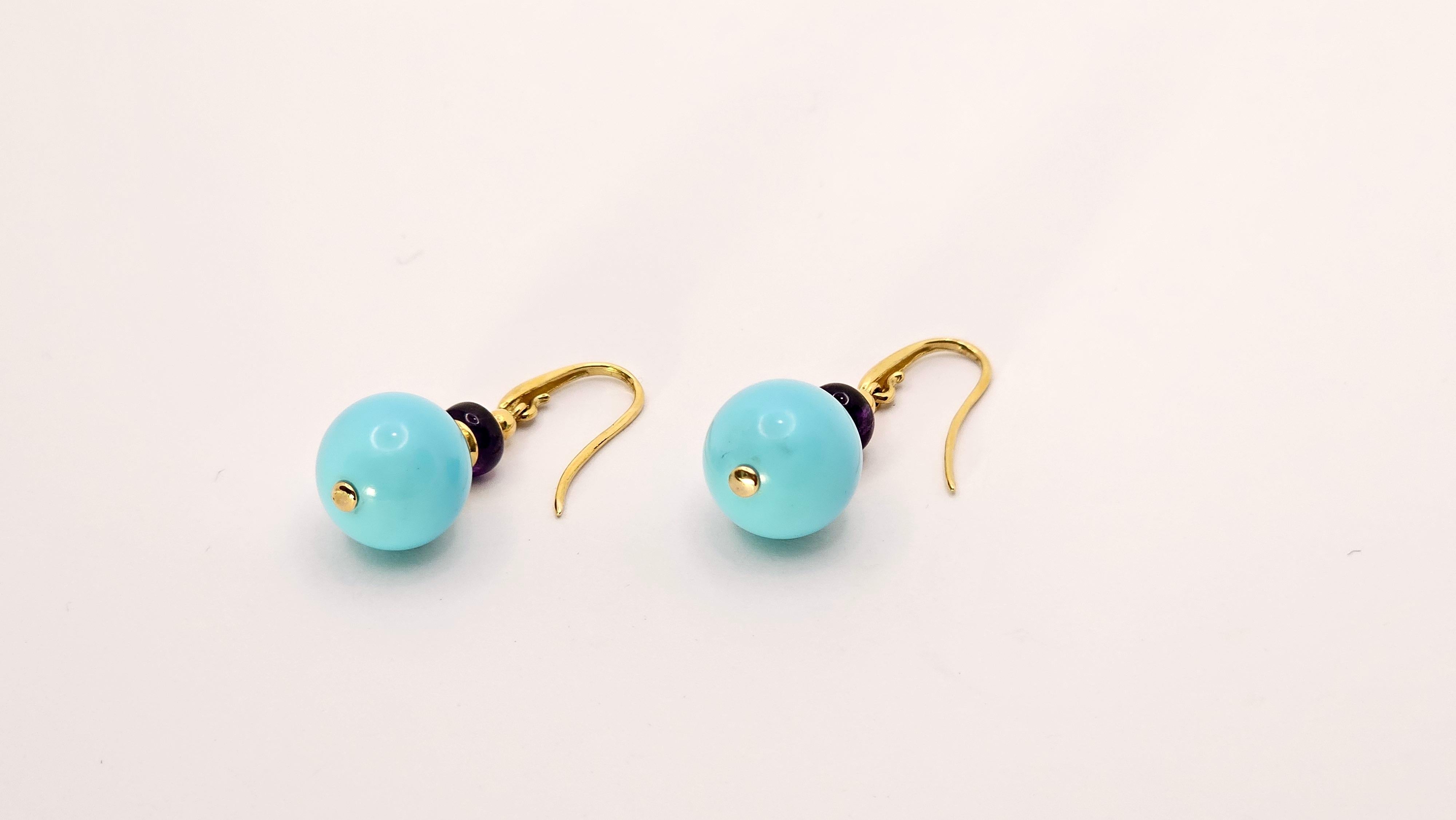 Orecchini Pendenti in Oro Giallo 18 Kt, Ametista e Turchese, Orecchini im Angebot 1