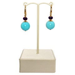 18 Kt Yellow Gold, Amethyst and Turquoise Pendant Earrings