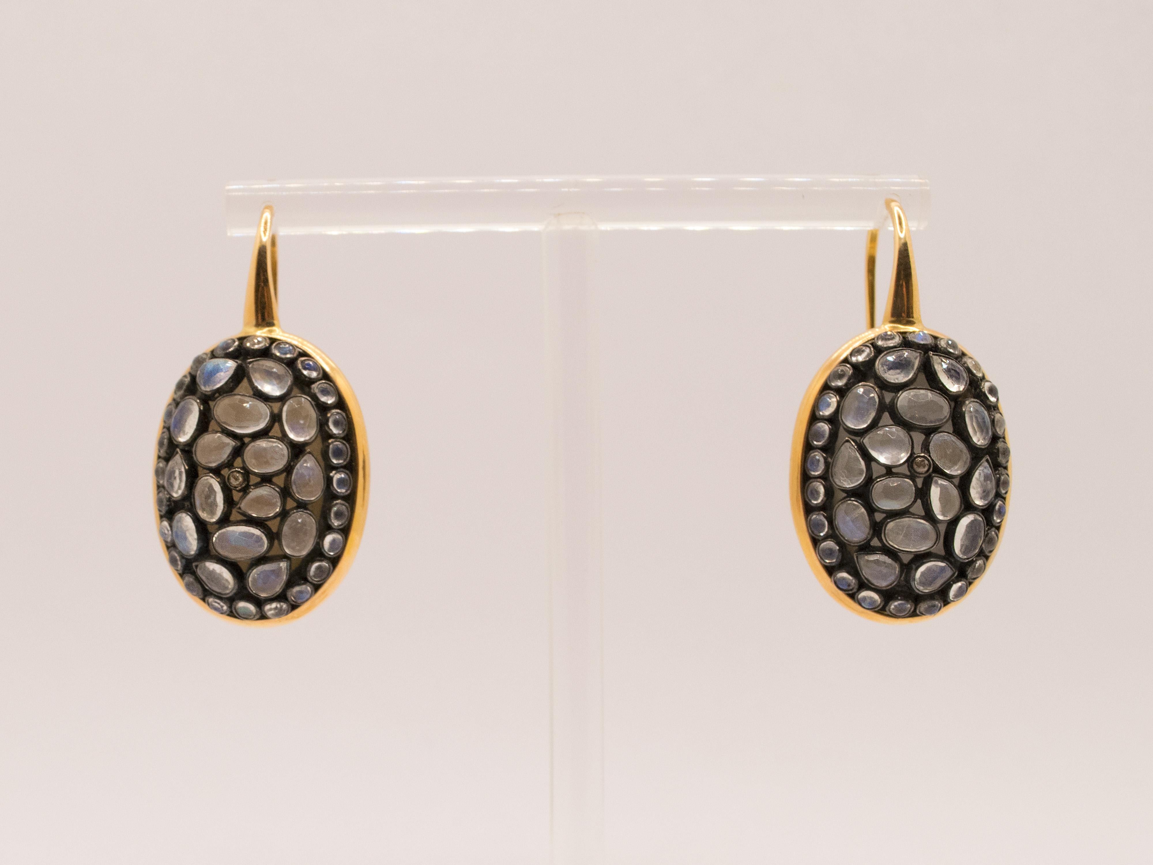Contemporary 18 Kt Rose Gold, Silver, Moonstone and Bakelite Pendant Earrings For Sale