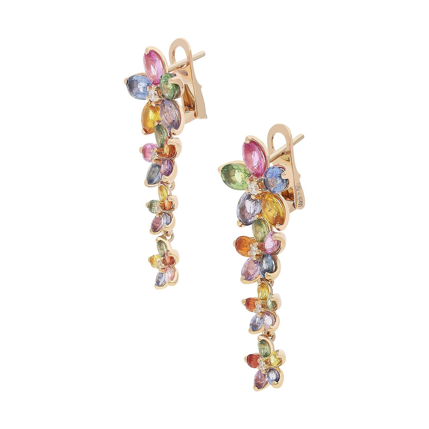 Gorgeous 18kt rose gold dangle earrings weighing a total of 8.00 grams, consisting of four flowers per earring. Each flower bears a brilliant-cut diamond in the center, color G and SI clarity, and the petals are multicolored oval-cut sapphires. The