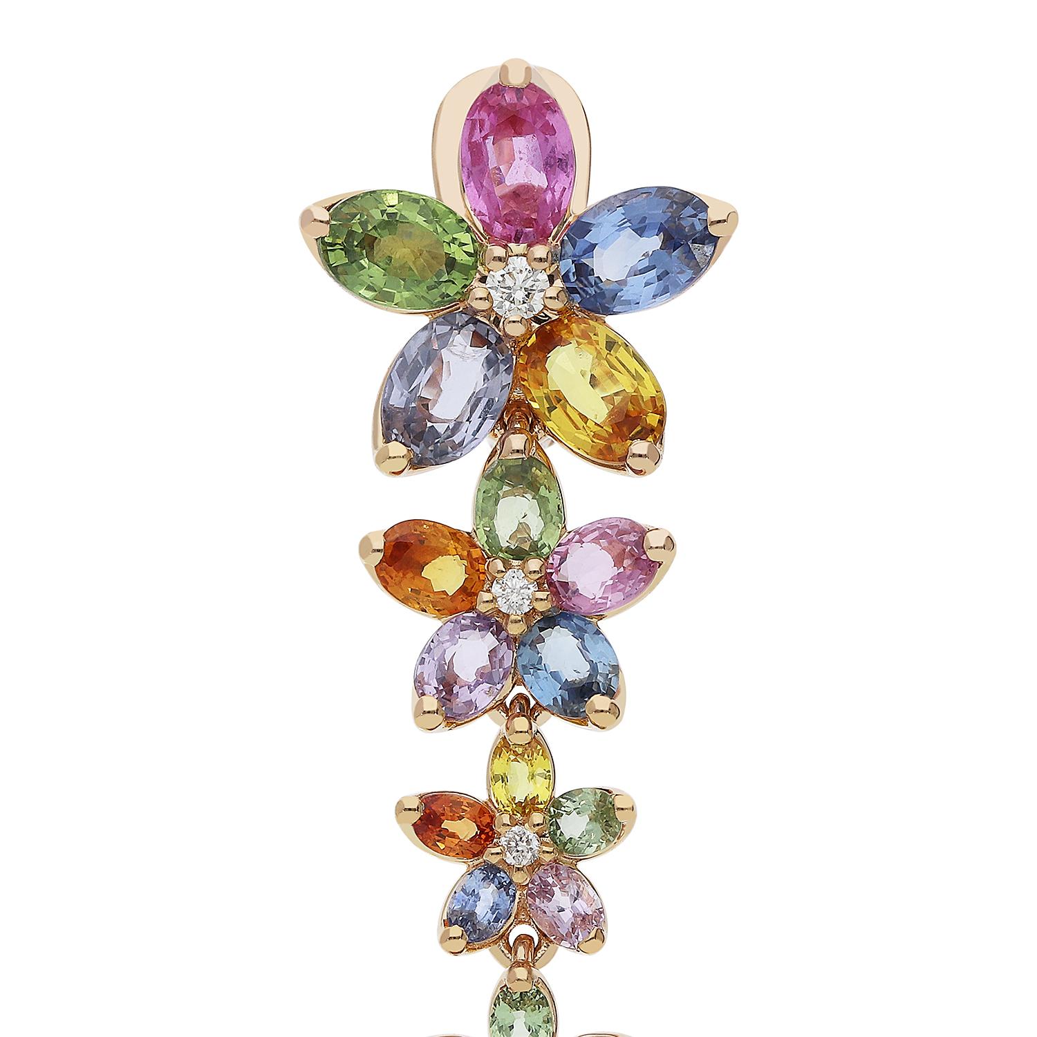 Oval Cut Boucles d'oreilles pendantes en or rose 18kt avec diamants blancs et saphirs multicolores en vente