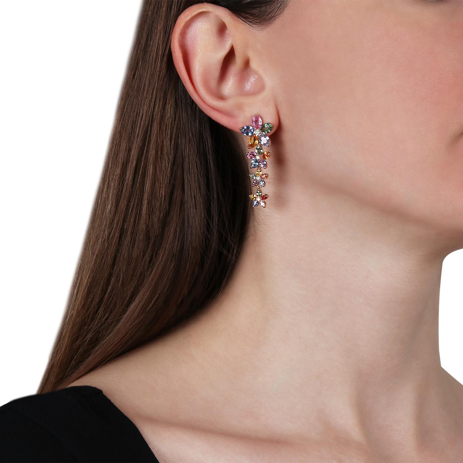Boucles d'oreilles pendantes en or rose 18kt avec diamants blancs et saphirs multicolores Pour femmes en vente