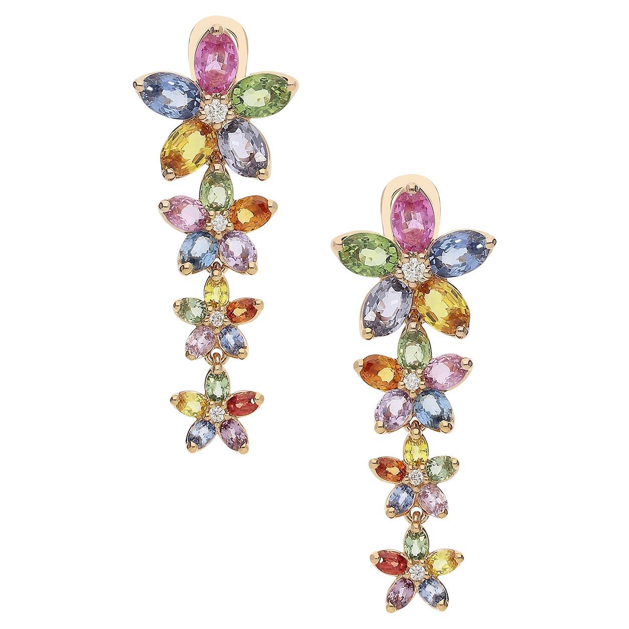 Boucles d'oreilles pendantes en or rose 18kt avec diamants blancs et saphirs multicolores