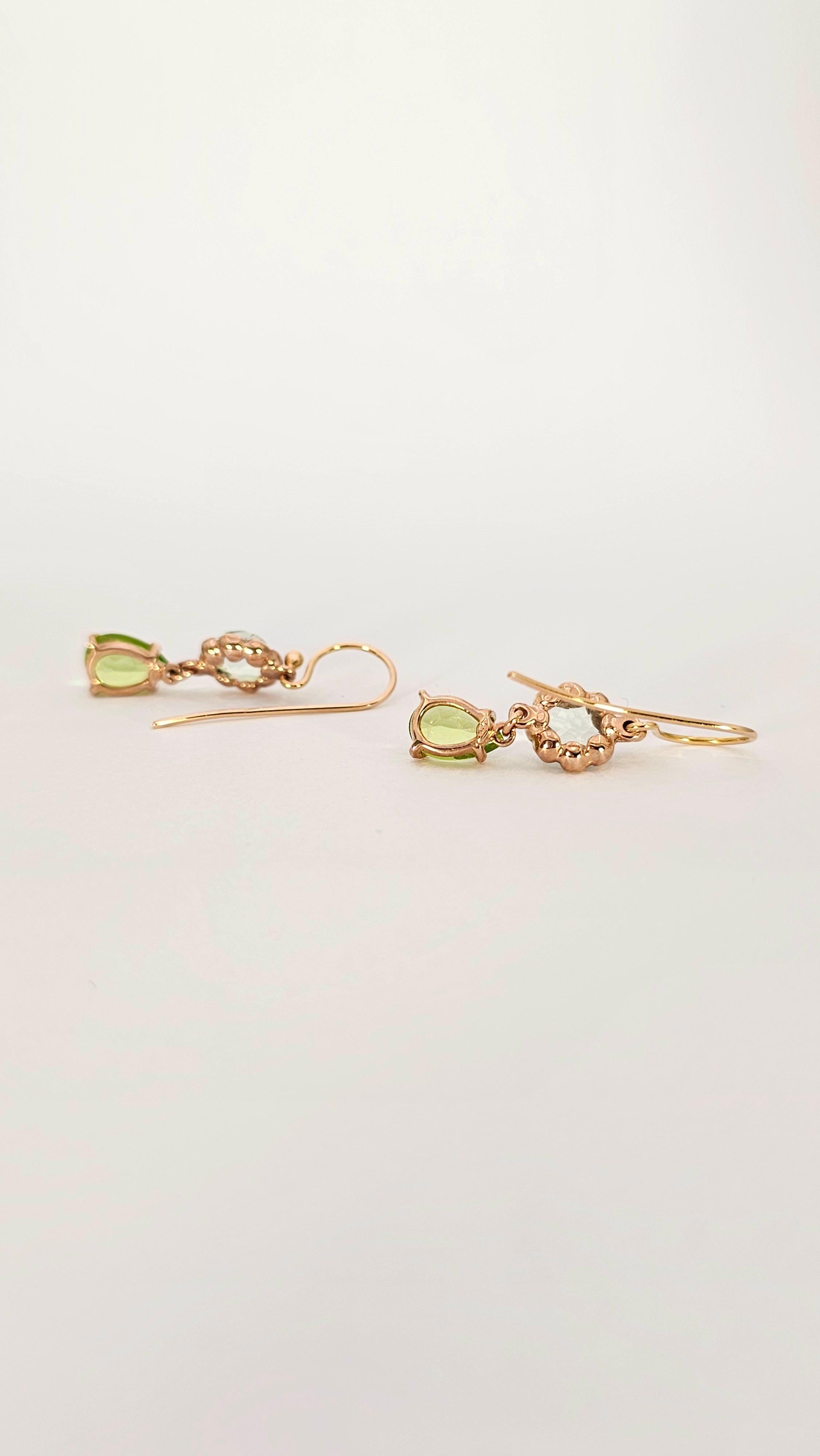 Revival 9Kt and 18Kt Rose Gold, Peridot and Prasiolite Pendant Earrings For Sale