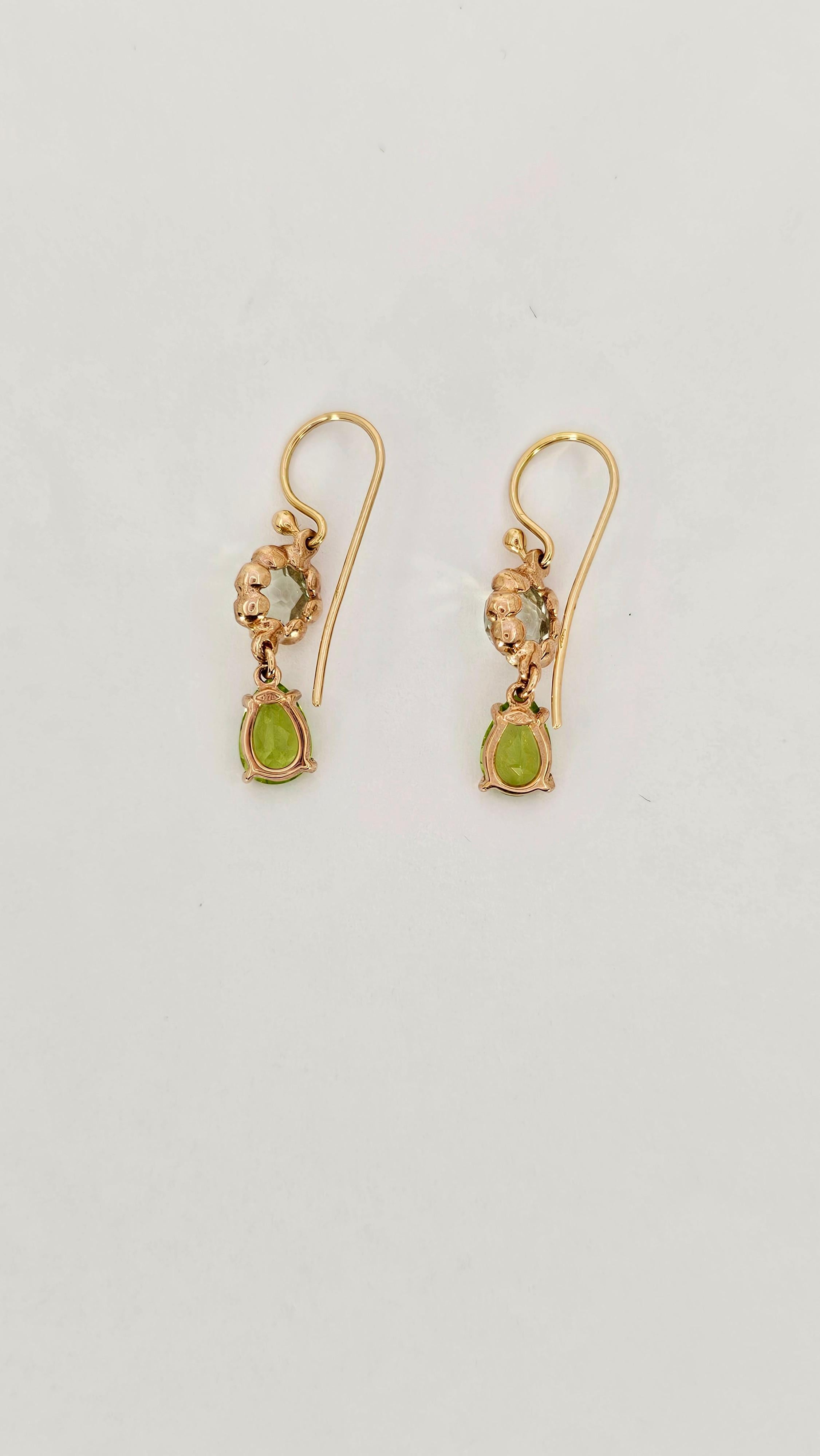 Mixed Cut 9Kt and 18Kt Rose Gold, Peridot and Prasiolite Pendant Earrings For Sale