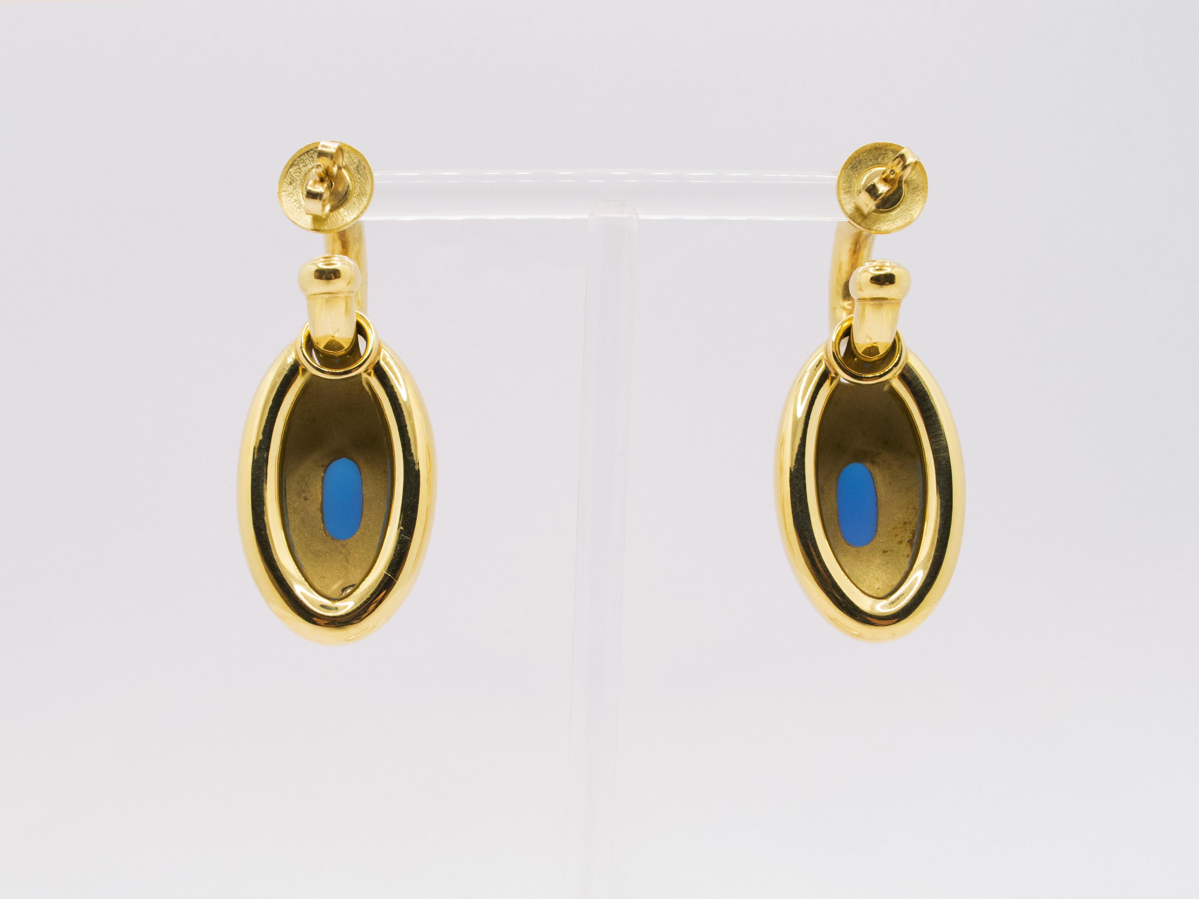 Cabochon 18 Kt Yellow Gold and Blue Agate Earrings For Sale
