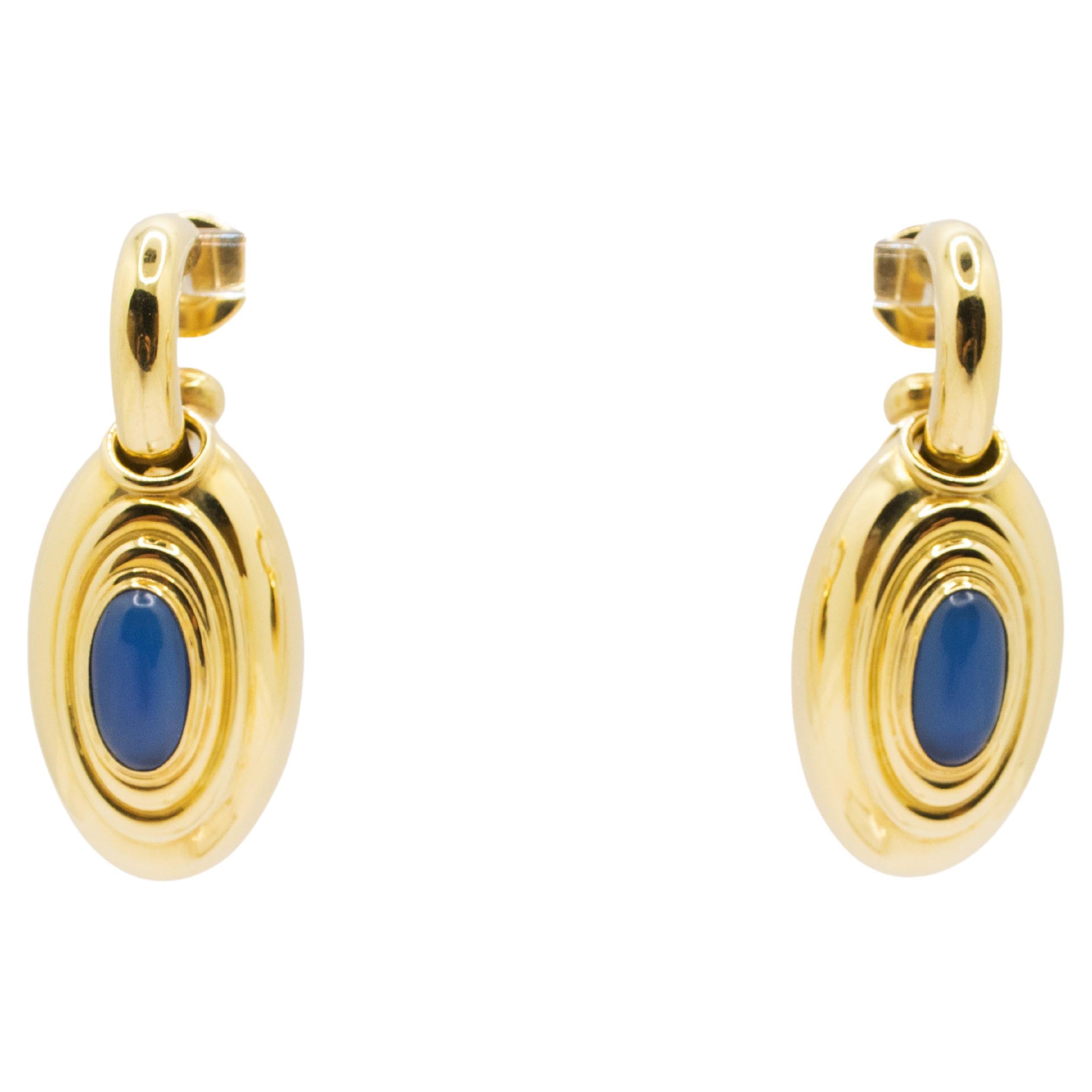 18 Kt Yellow Gold and Blue Agate Earrings For Sale