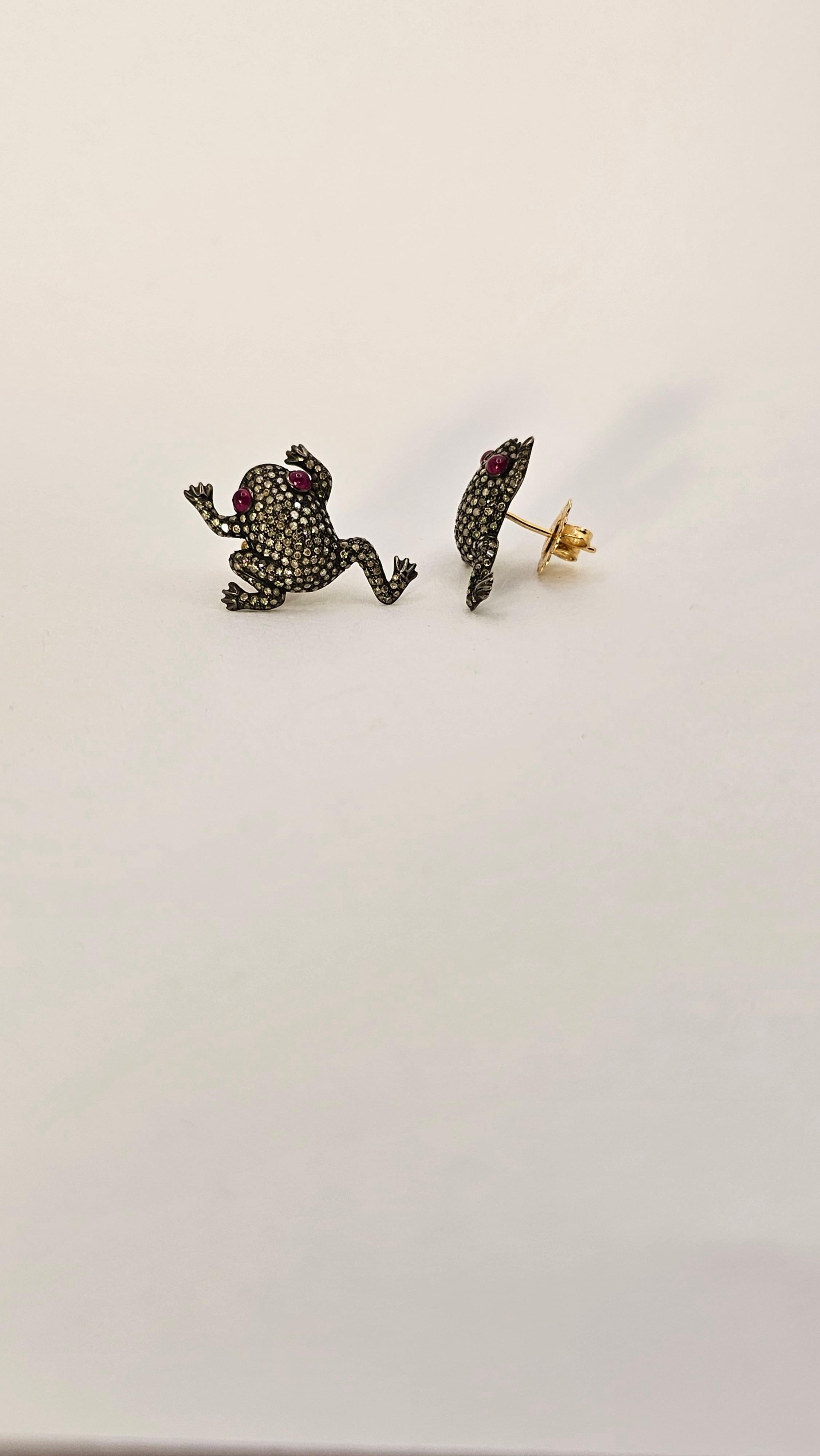 Arts and Crafts Frog Earrings with Diamonds and Rubies in Silver and Gold For Sale