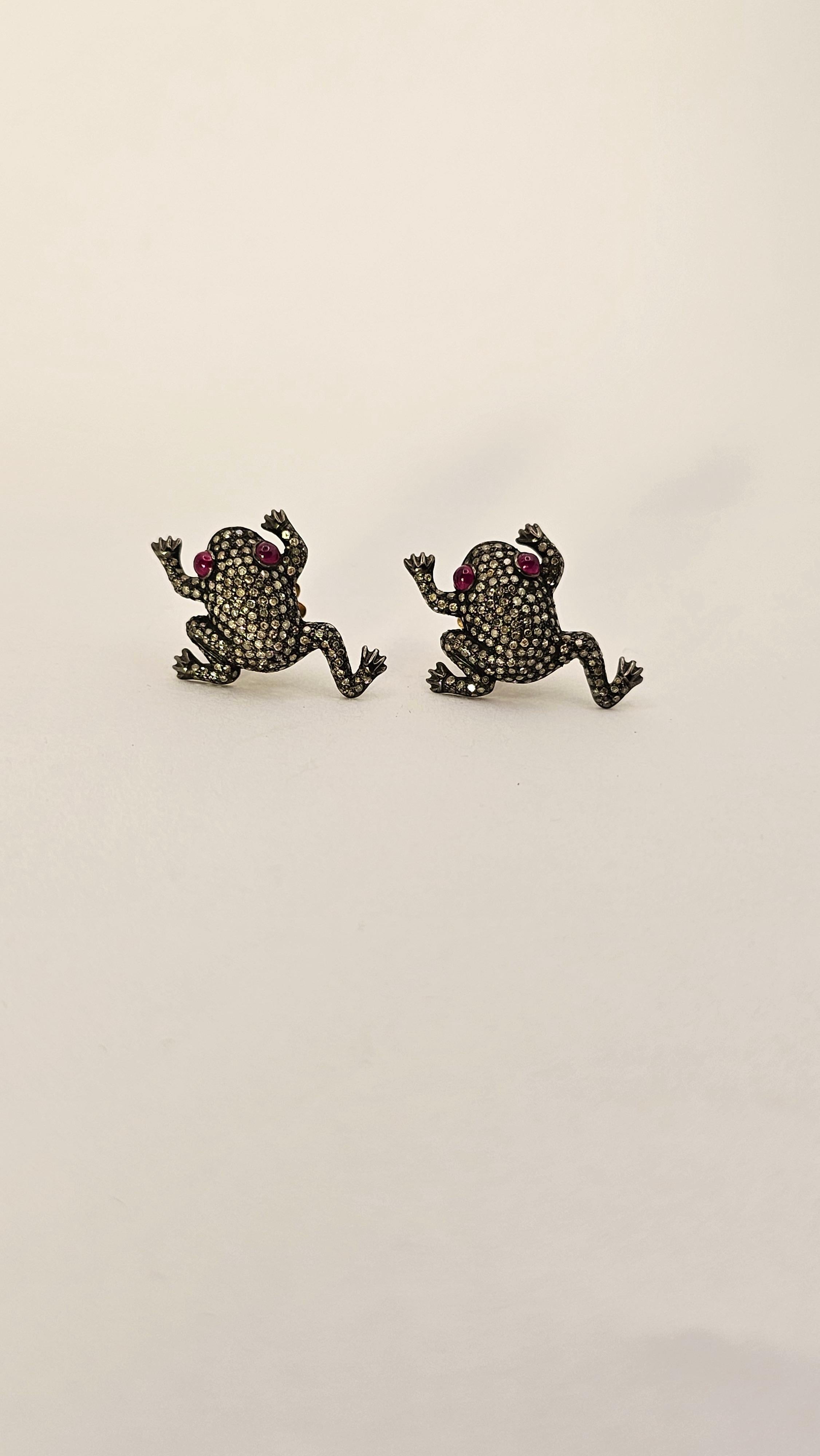 Old European Cut Frog Earrings with Diamonds and Rubies in Silver and Gold For Sale