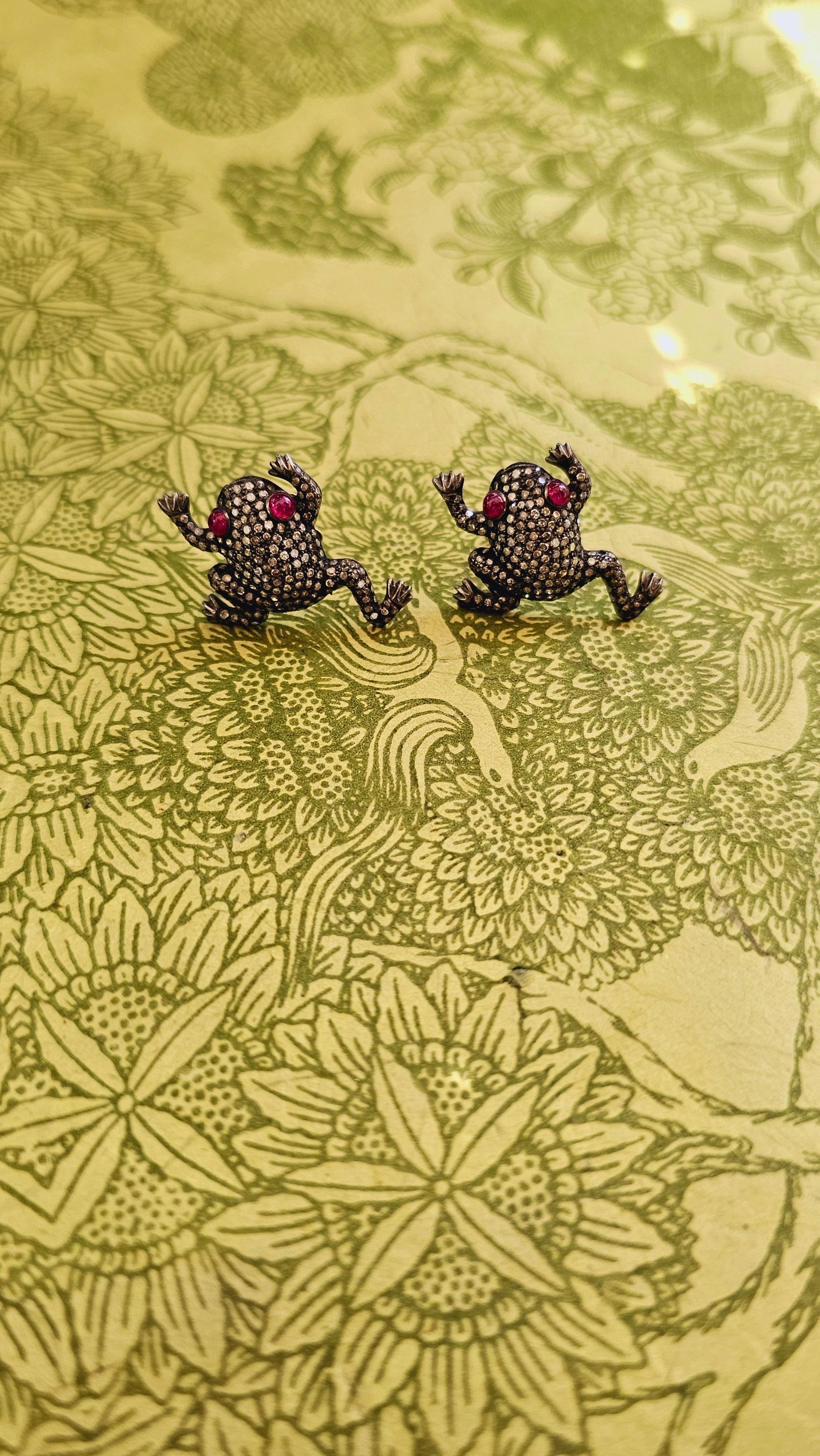 Women's or Men's Frog Earrings with Diamonds and Rubies in Silver and Gold For Sale
