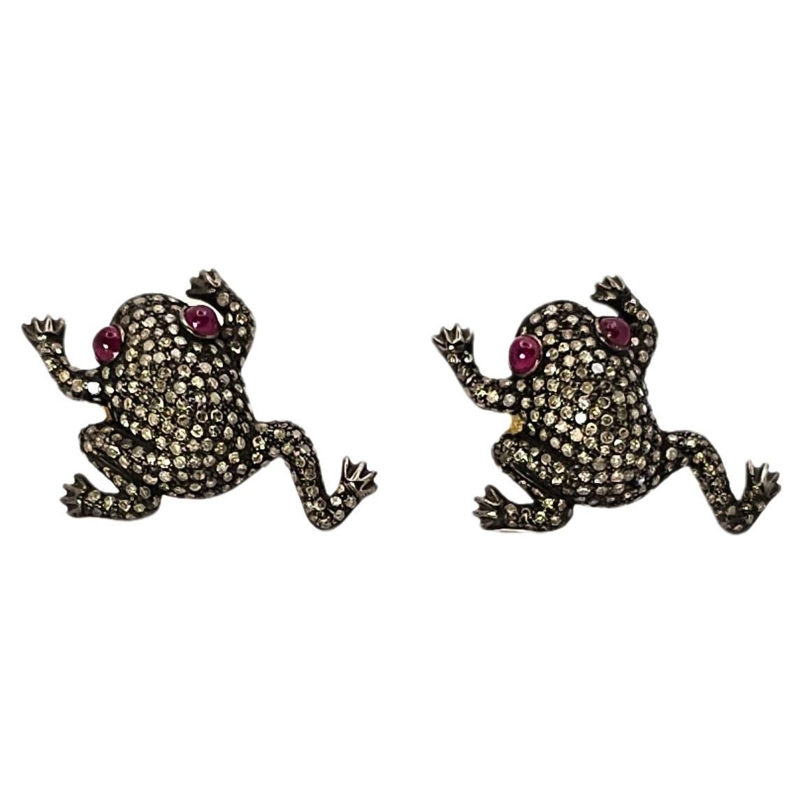 Frog Earrings with Diamonds and Rubies in Silver and Gold For Sale