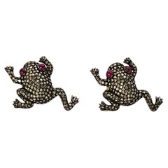Frog Earrings with Diamonds and Rubies in Silver and Gold