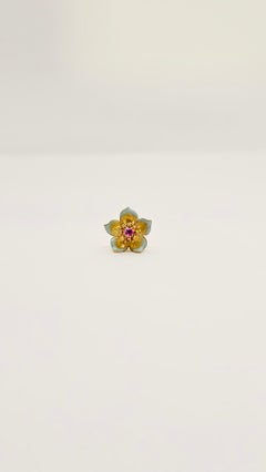 Vintage Flower Earrings in 18K Yellow Gold, Rubies. Pink and Blue Enamel. 1960