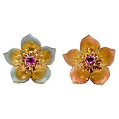 Vintage Flower Earrings in 18K Yellow Gold, Rubies. Pink and Blue Enamel. 1960
