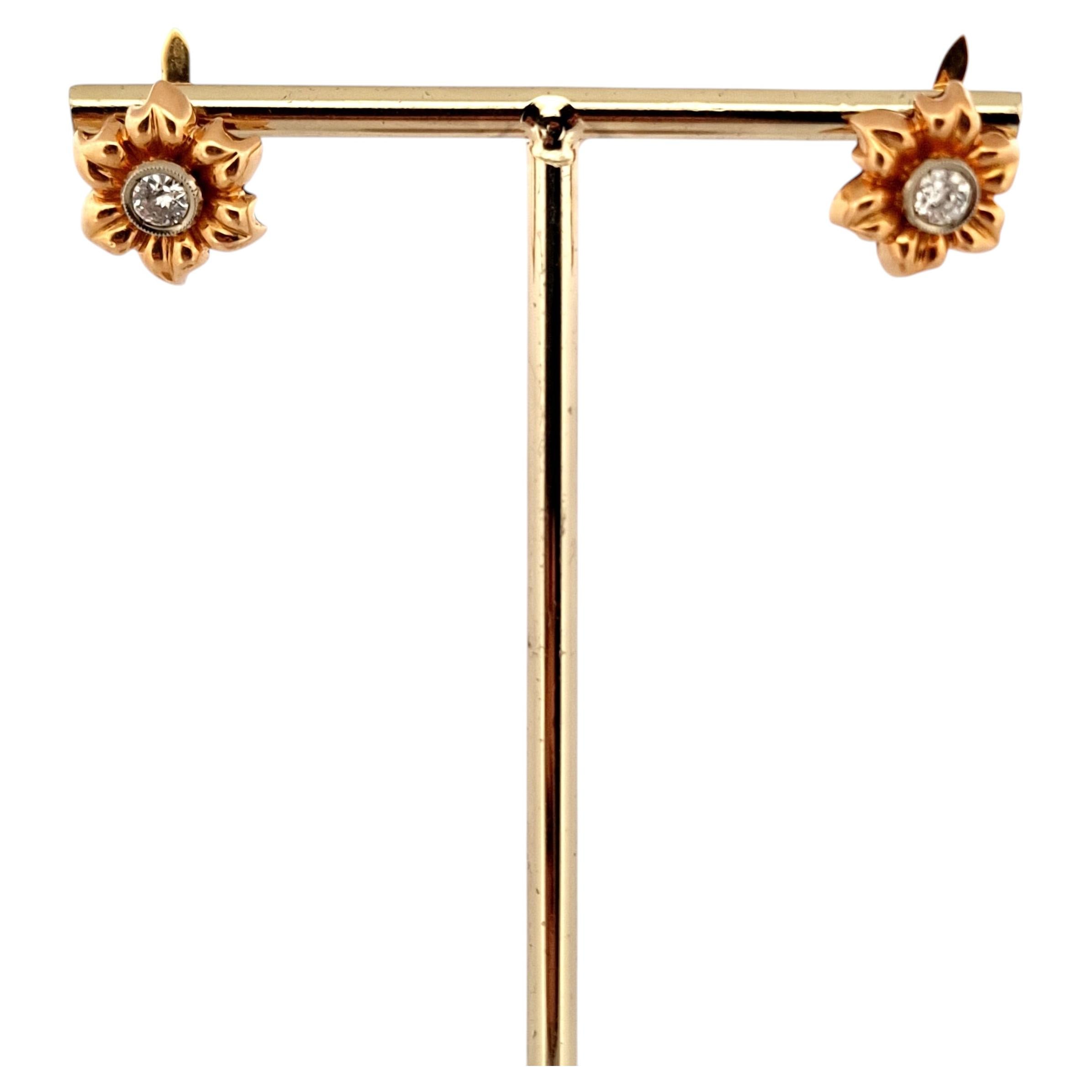 Vintage Floral Earrings in 14Kt Gold with Antique Cut Diamonds 0.90 ct Total