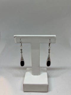 Vintage 9 kt Weißgold Ohrringe mit Onyx und Diamant